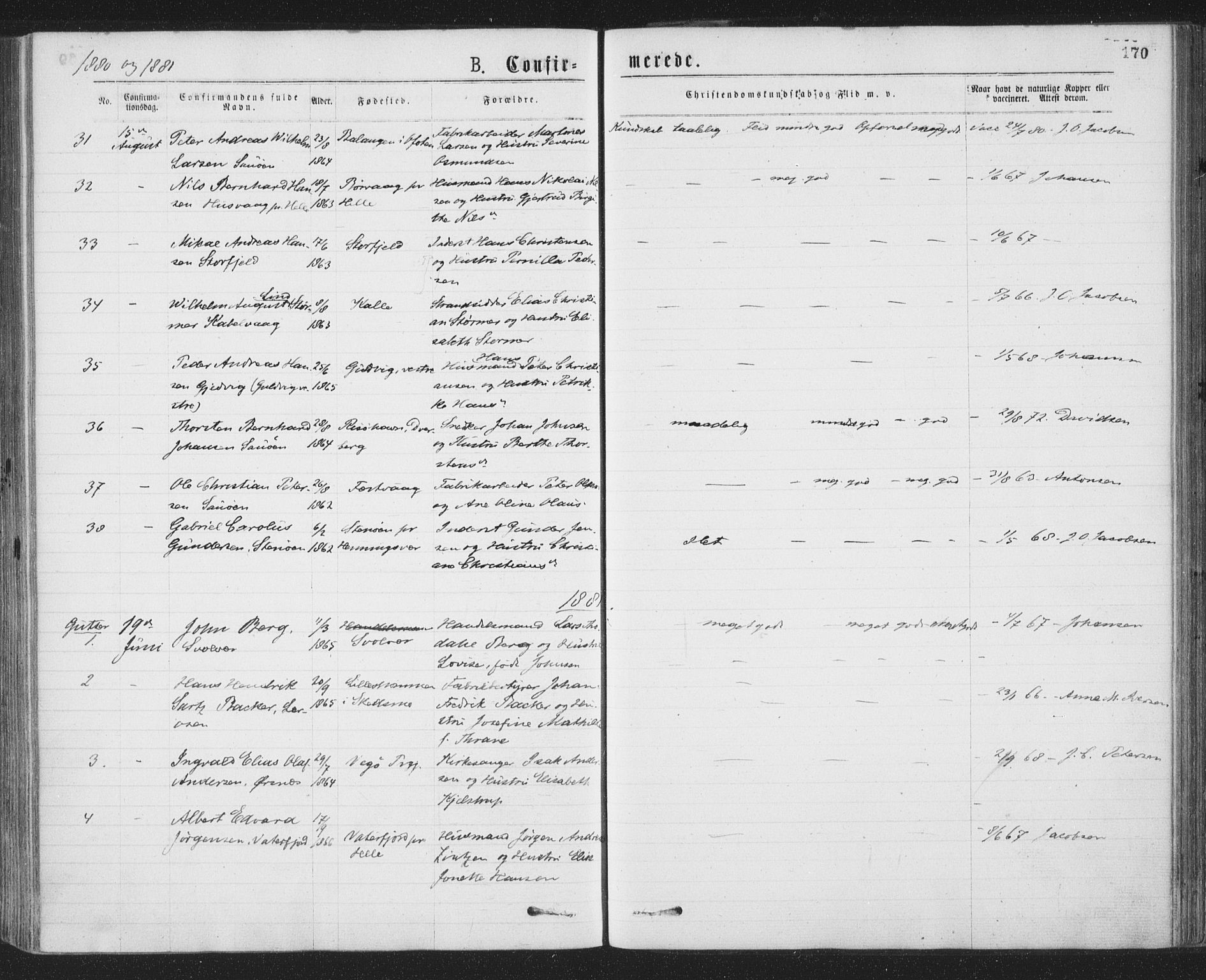 Ministerialprotokoller, klokkerbøker og fødselsregistre - Nordland, SAT/A-1459/874/L1058: Parish register (official) no. 874A02, 1878-1883, p. 170