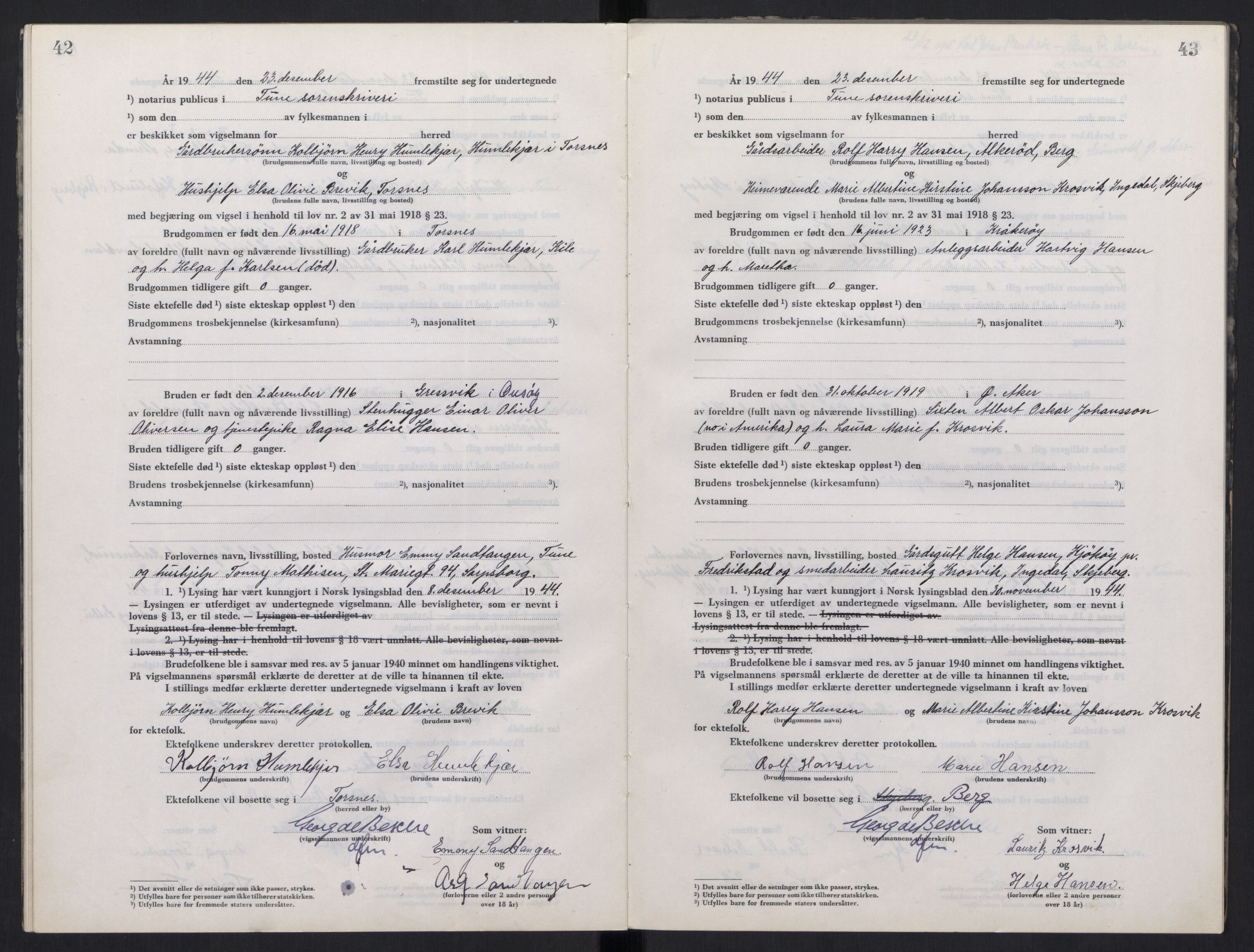 Tune sorenskriveri, AV/SAO-A-10470/L/Lb/L0003: Vigselprotokoll, 1944-1951, p. 42-43
