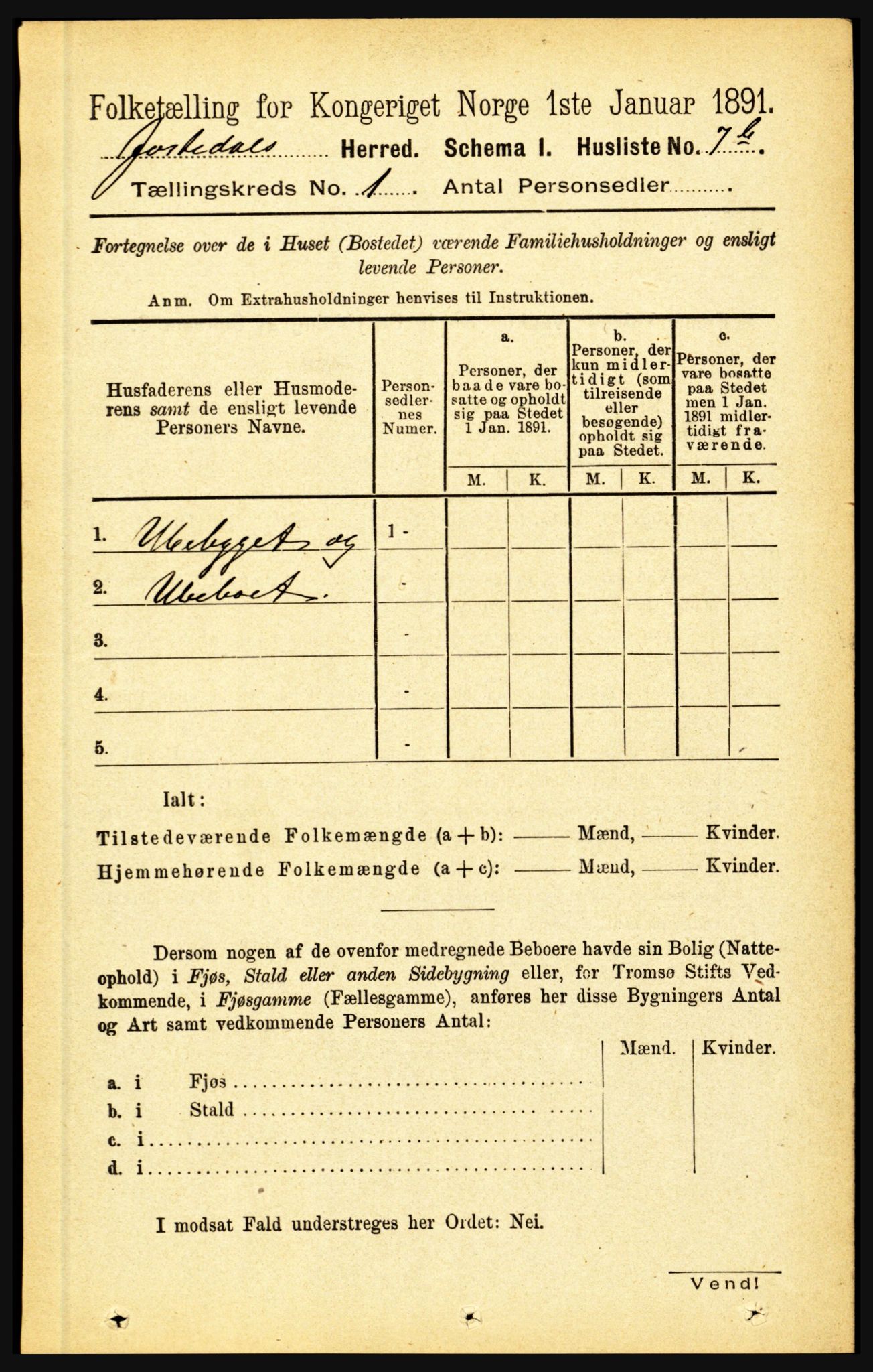 RA, 1891 census for 1427 Jostedal, 1891, p. 20