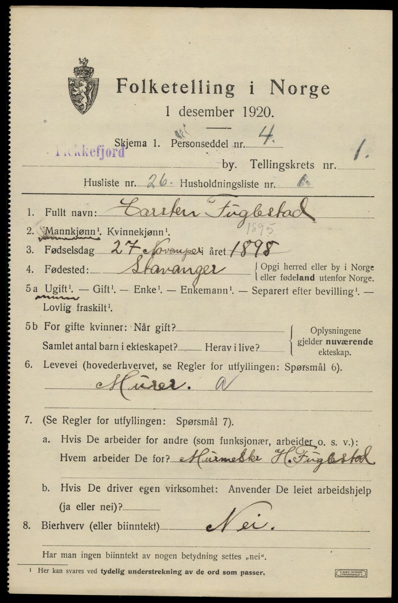 SAK, 1920 census for Flekkefjord, 1920, p. 2102