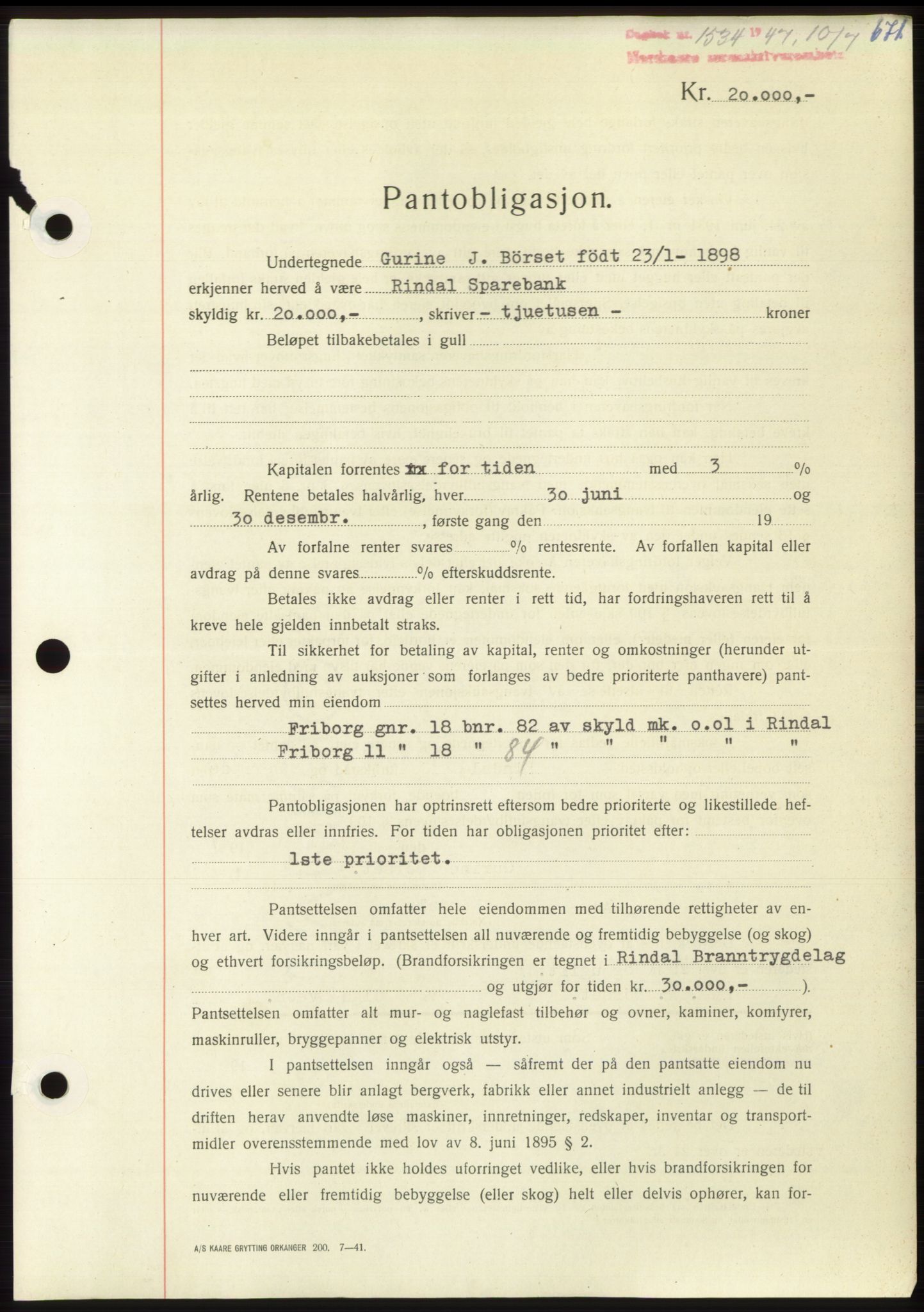 Nordmøre sorenskriveri, AV/SAT-A-4132/1/2/2Ca: Mortgage book no. B96, 1947-1947, Diary no: : 1534/1947