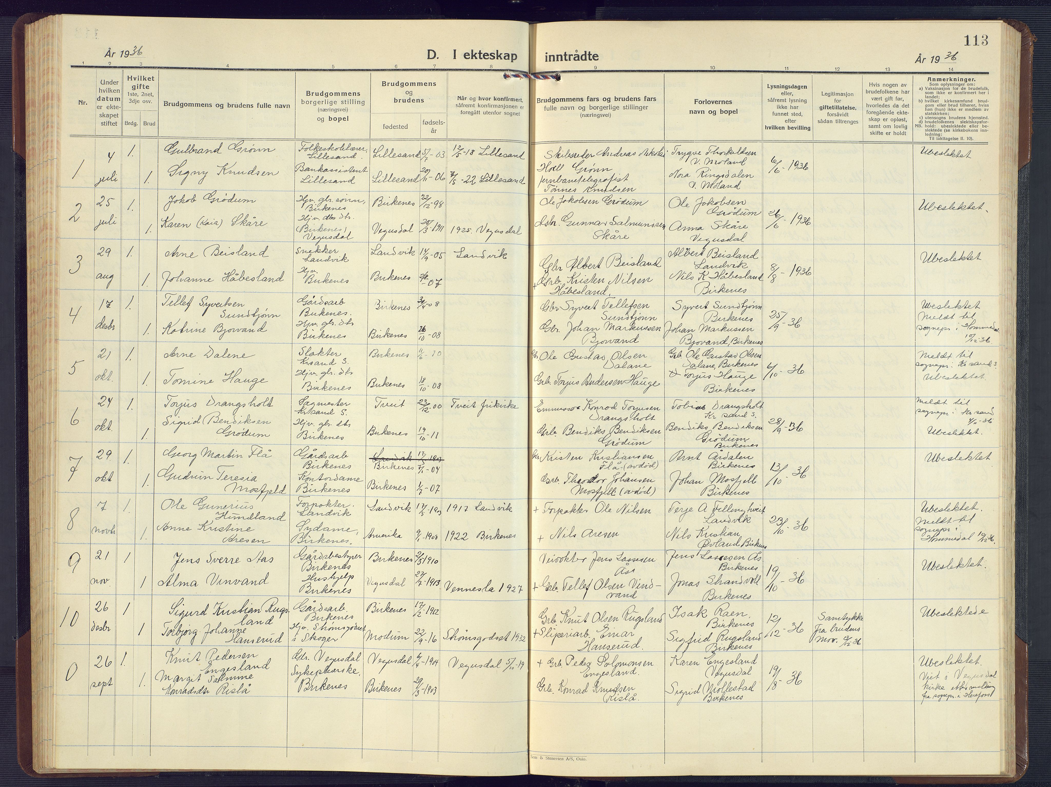 Birkenes sokneprestkontor, SAK/1111-0004/F/Fb/L0005: Parish register (copy) no. B 5, 1930-1957, p. 113