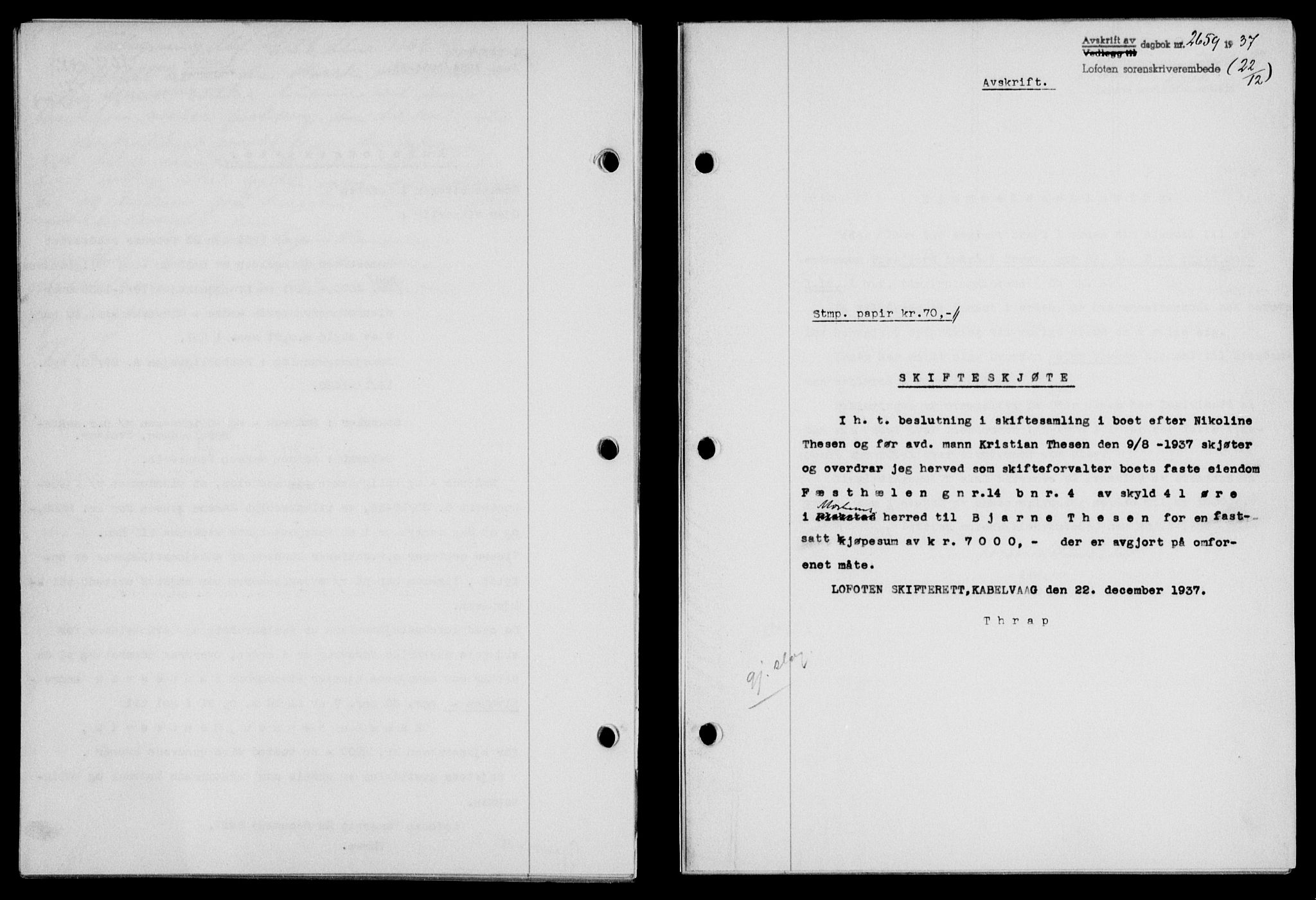 Lofoten sorenskriveri, SAT/A-0017/1/2/2C/L0003a: Mortgage book no. 3a, 1937-1938, Diary no: : 2659/1937