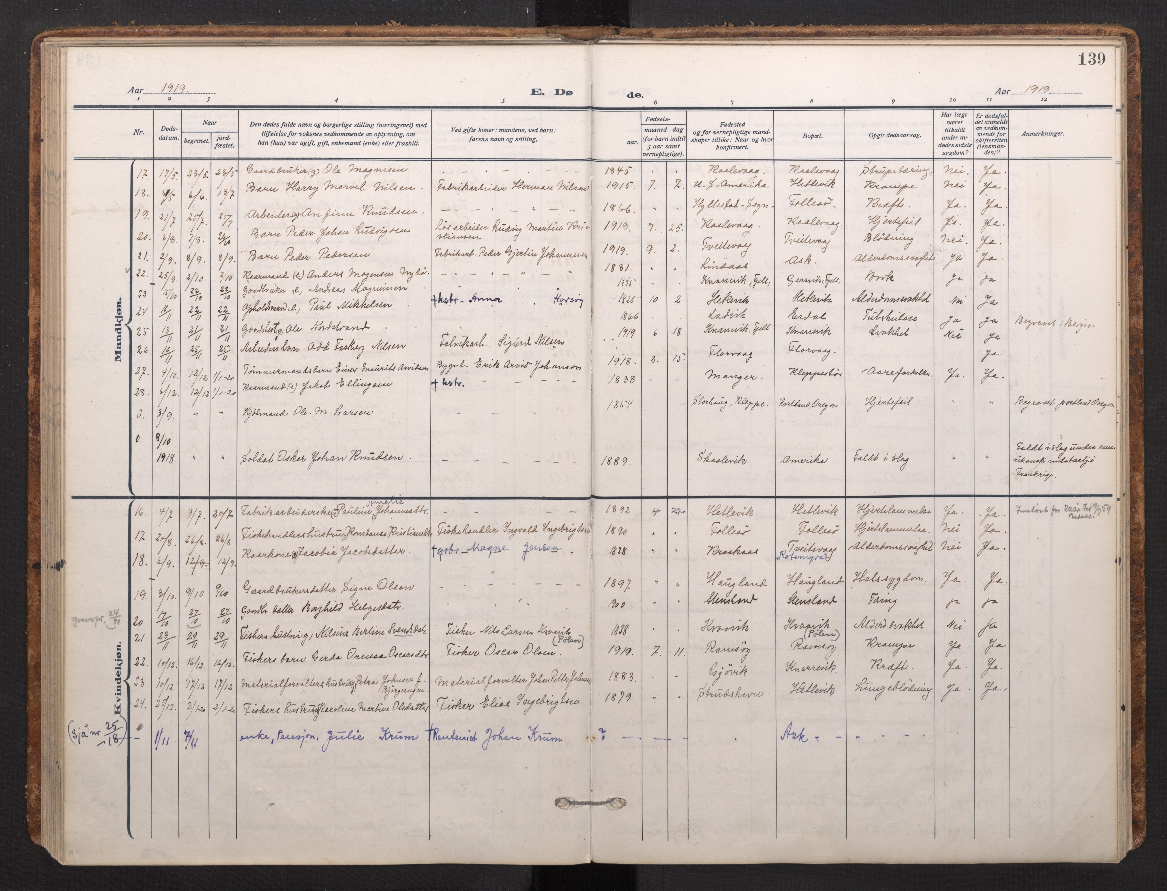 Askøy Sokneprestembete, AV/SAB-A-74101/H/Ha/Haa/Haad/L0002: Parish register (official) no. D 2, 1915-1935, p. 139