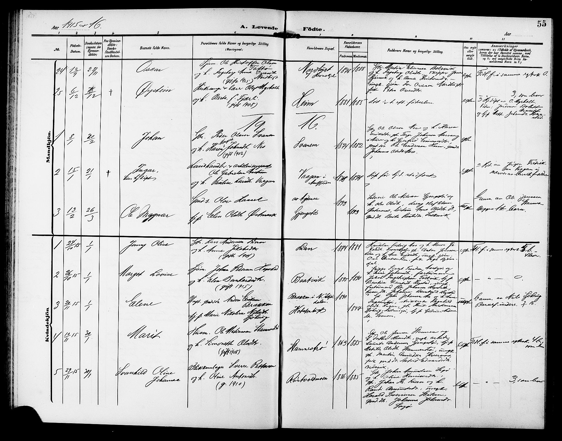Ministerialprotokoller, klokkerbøker og fødselsregistre - Sør-Trøndelag, SAT/A-1456/633/L0520: Parish register (copy) no. 633C02, 1906-1921, p. 55
