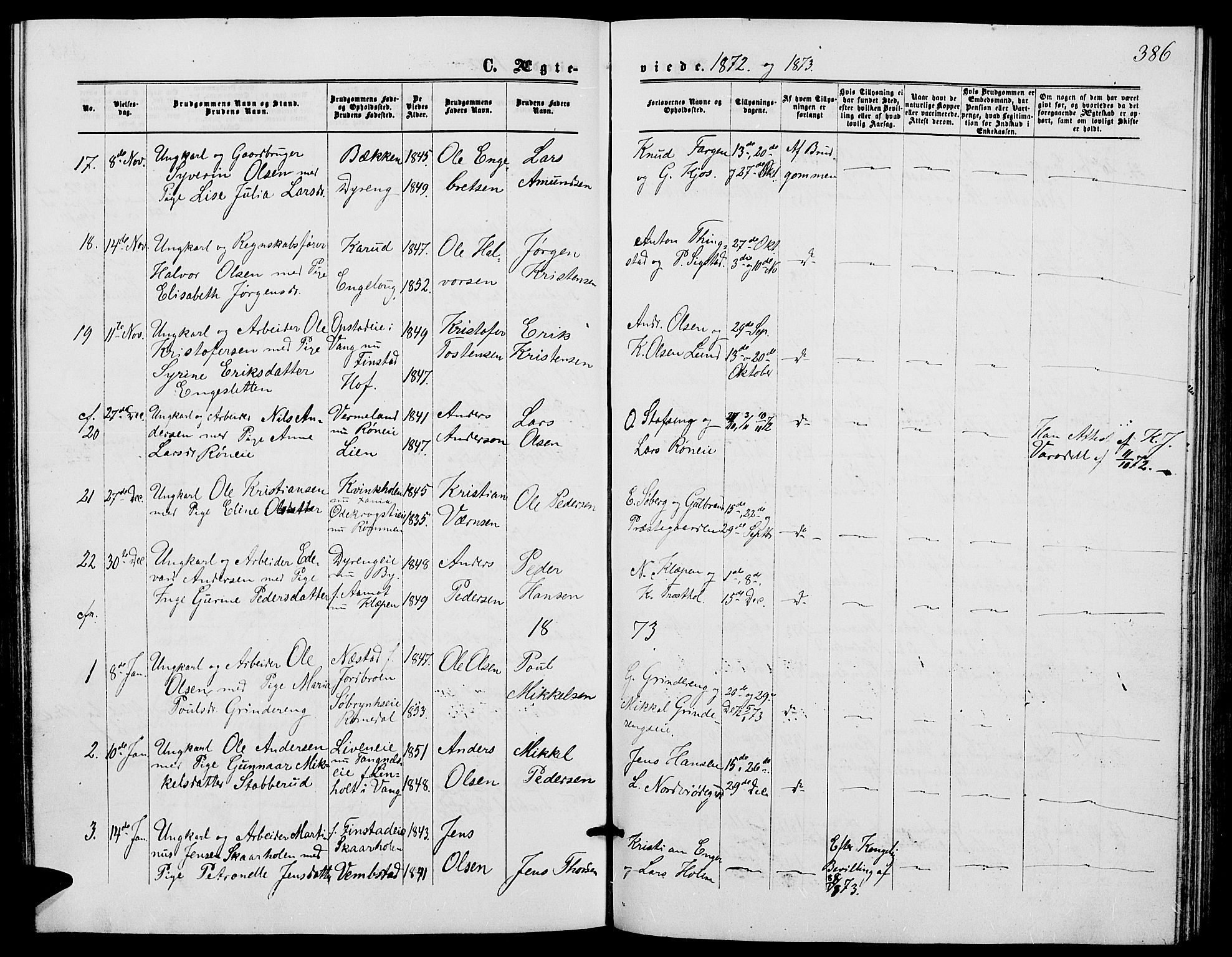 Løten prestekontor, SAH/PREST-022/L/La/L0004: Parish register (copy) no. 4, 1863-1877, p. 386