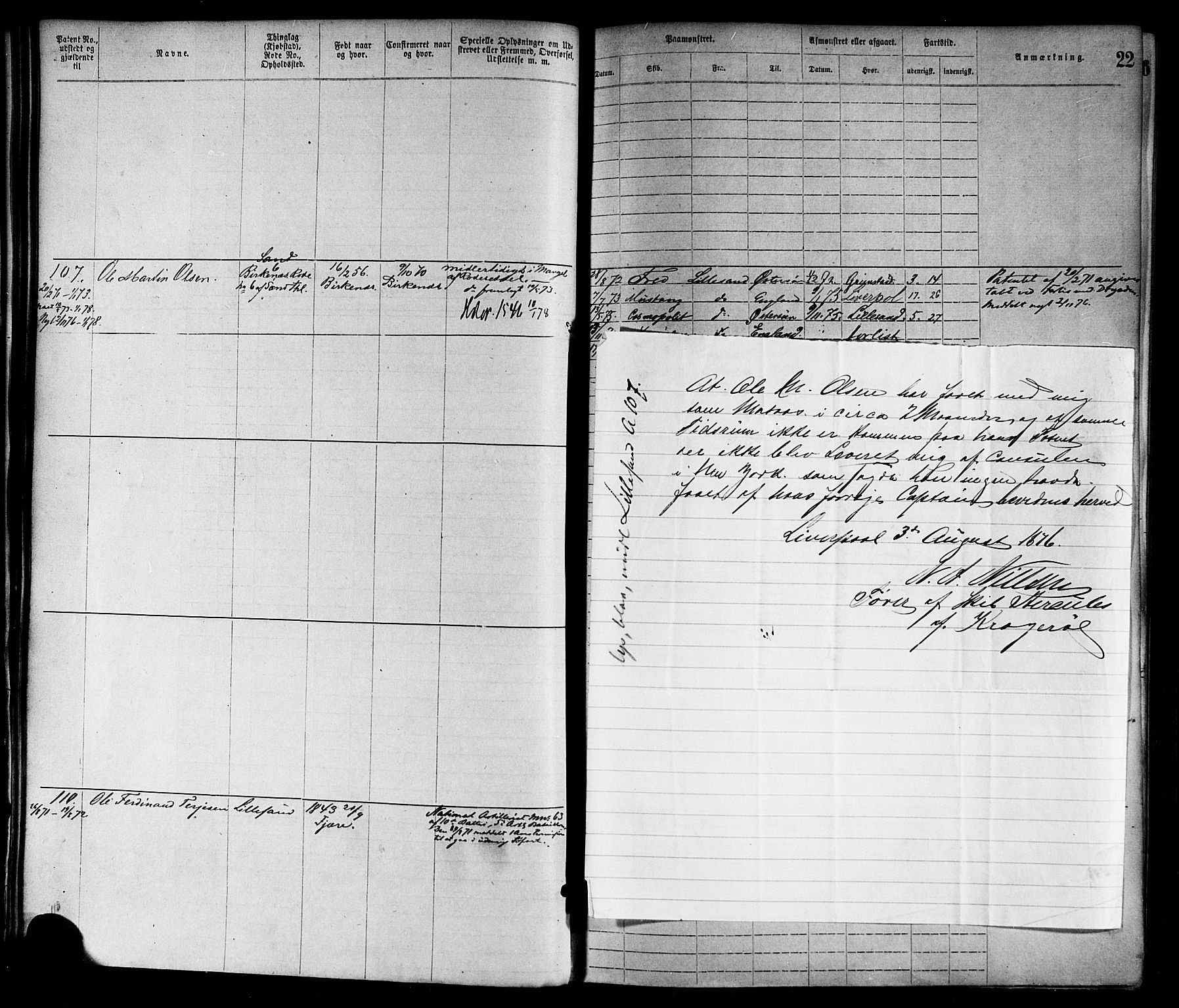 Lillesand mønstringskrets, SAK/2031-0014/F/Fa/L0004: Annotasjonsrulle nr 1-1920 med register, G-1, 1869-1891, p. 43