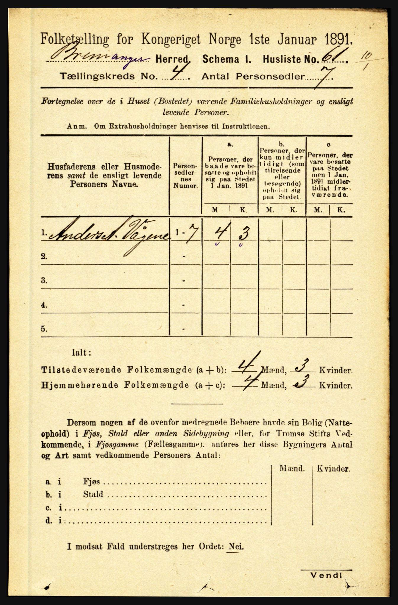 RA, 1891 census for 1438 Bremanger, 1891, p. 1507