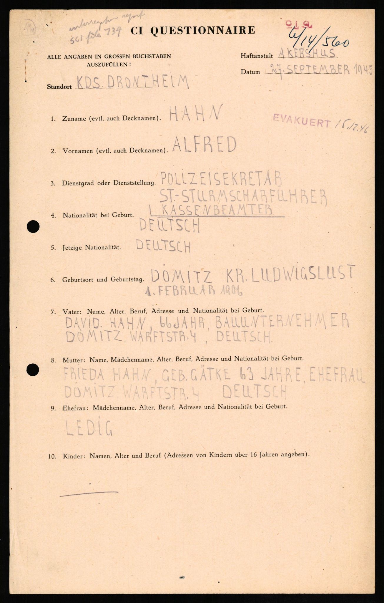 Forsvaret, Forsvarets overkommando II, RA/RAFA-3915/D/Db/L0011: CI Questionaires. Tyske okkupasjonsstyrker i Norge. Tyskere., 1945-1946, p. 305