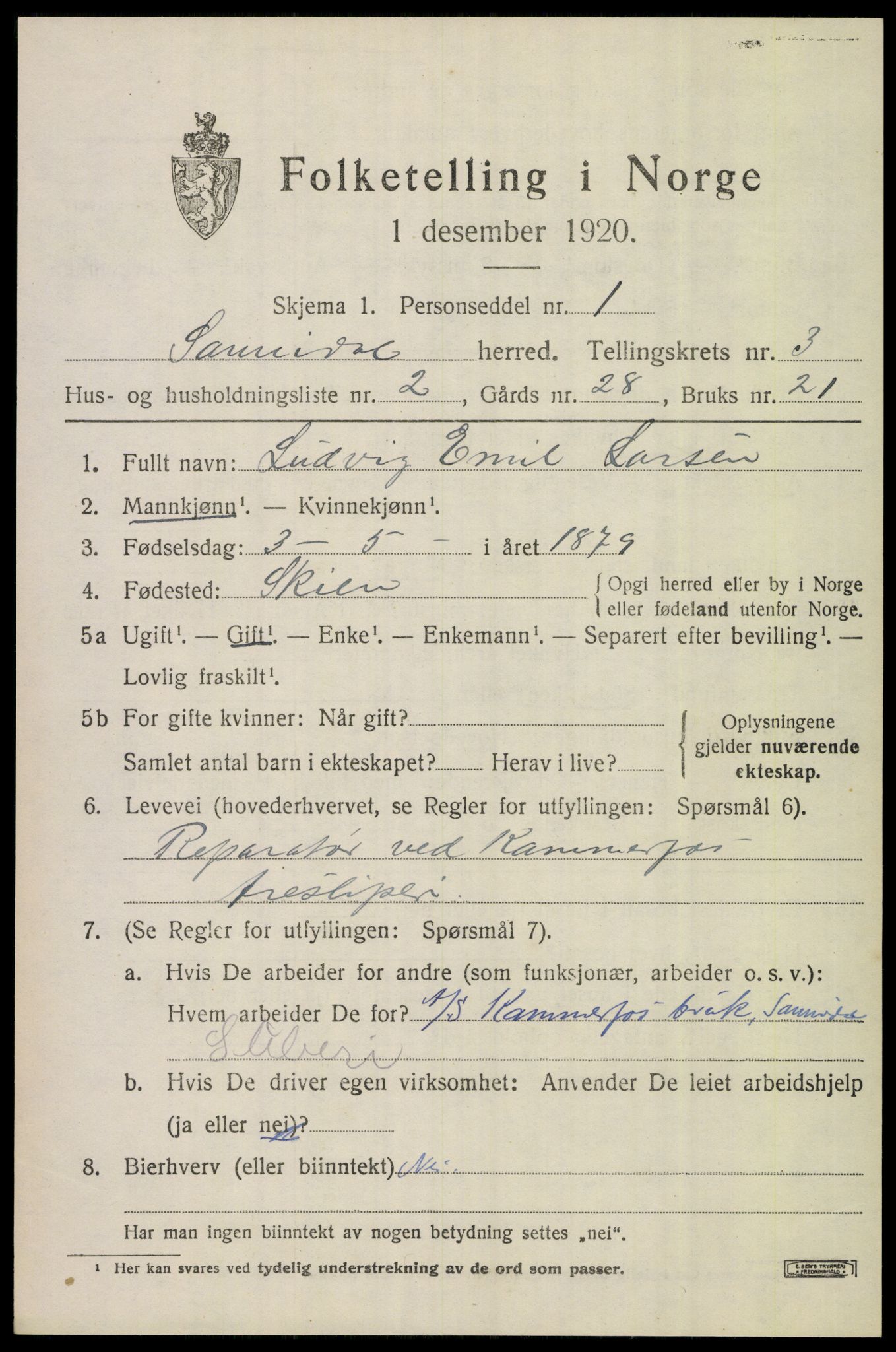 SAKO, 1920 census for Sannidal, 1920, p. 2191