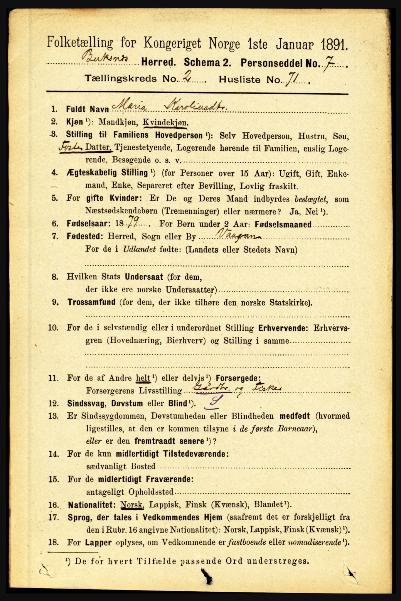 RA, 1891 census for 1860 Buksnes, 1891, p. 2101