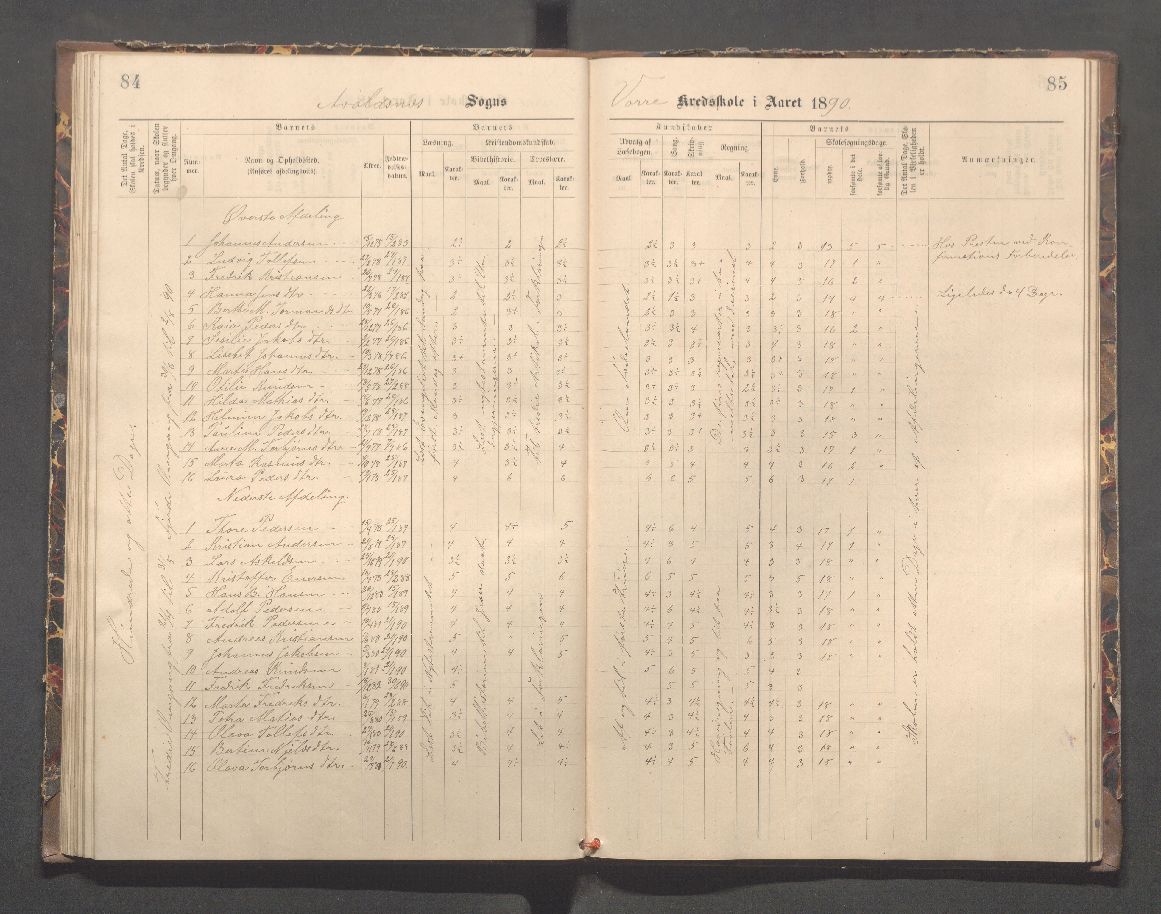 Avaldsnes kommune - Kolstø og Vorre skole, IKAR/K-101688/H/L0002: Skoleprotokoll, 1888-1900, p. 84-85