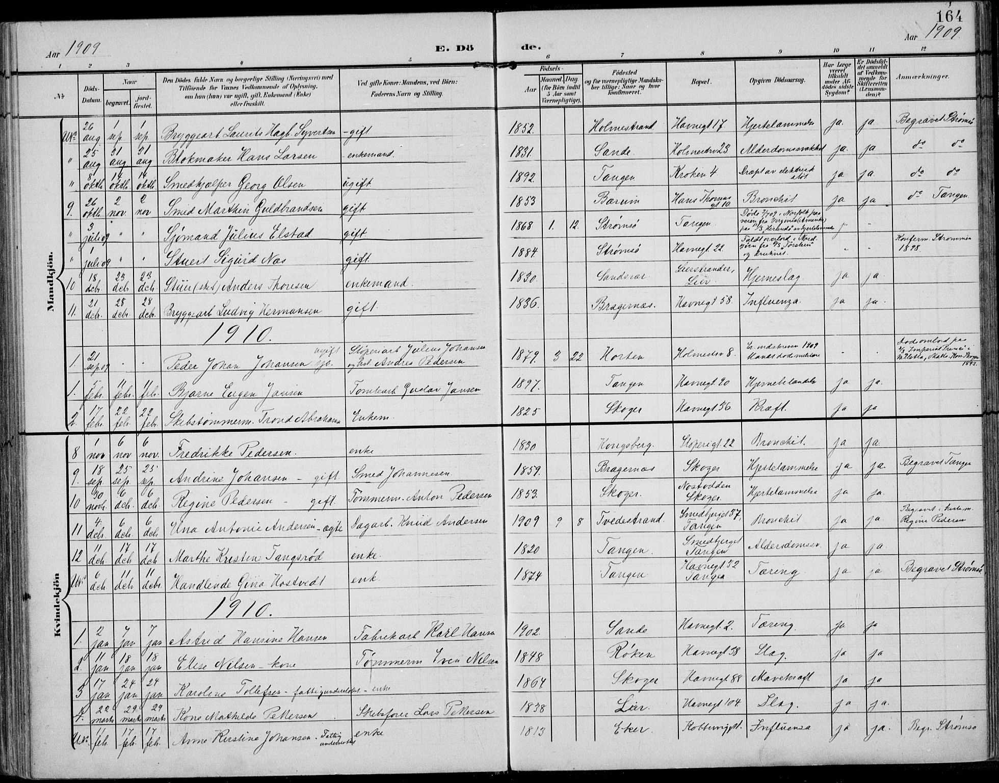 Strømsø kirkebøker, AV/SAKO-A-246/F/Fb/L0008: Parish register (official) no. II 8, 1902-1933, p. 164