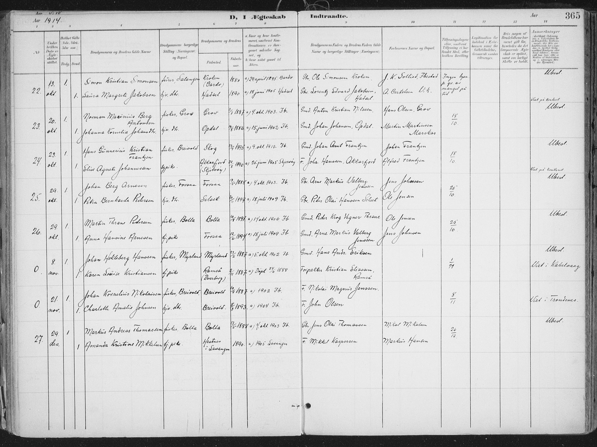 Ibestad sokneprestembete, SATØ/S-0077/H/Ha/Haa/L0017kirke: Parish register (official) no. 17, 1901-1914, p. 365