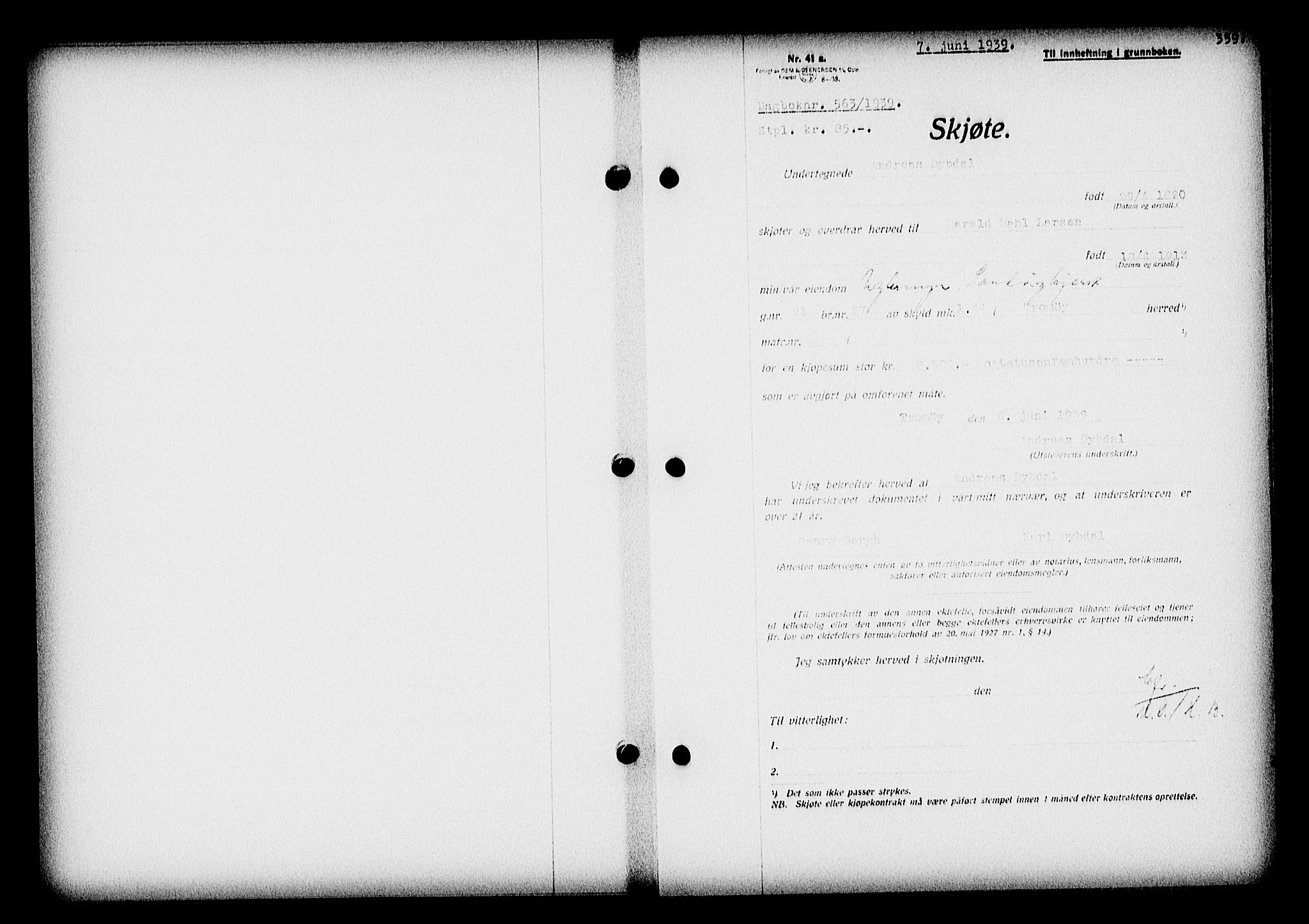 Nedenes sorenskriveri, SAK/1221-0006/G/Gb/Gba/L0046: Mortgage book no. 42, 1938-1939, Diary no: : 563/1939