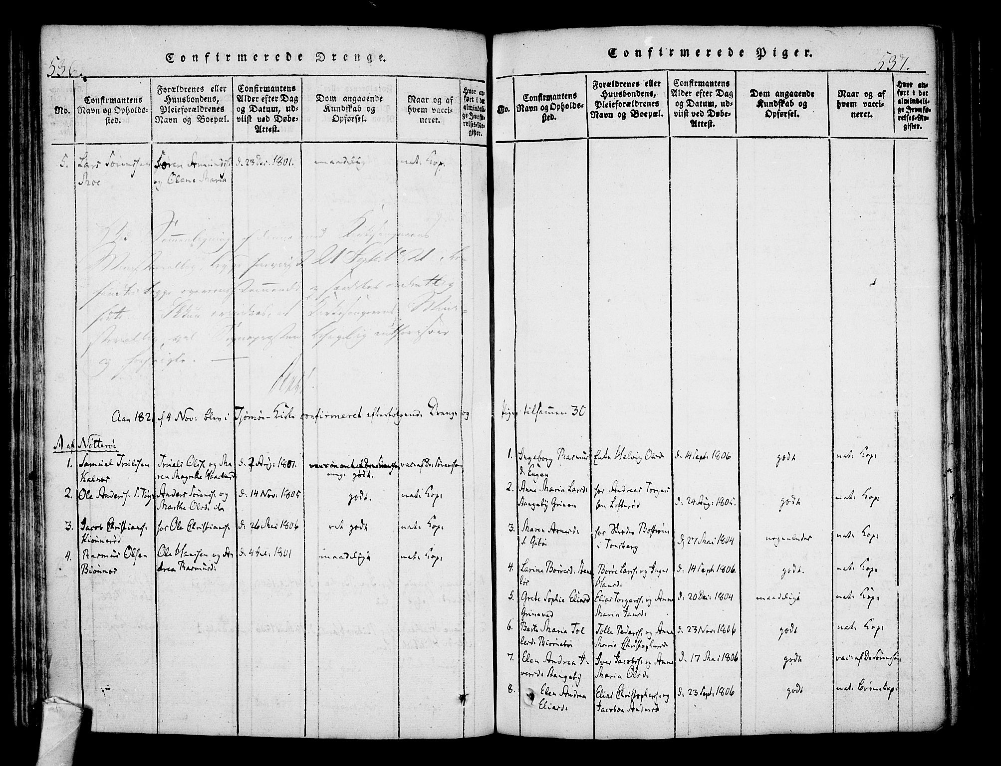 Nøtterøy kirkebøker, AV/SAKO-A-354/F/Fa/L0004: Parish register (official) no. I 4, 1814-1838, p. 536-537