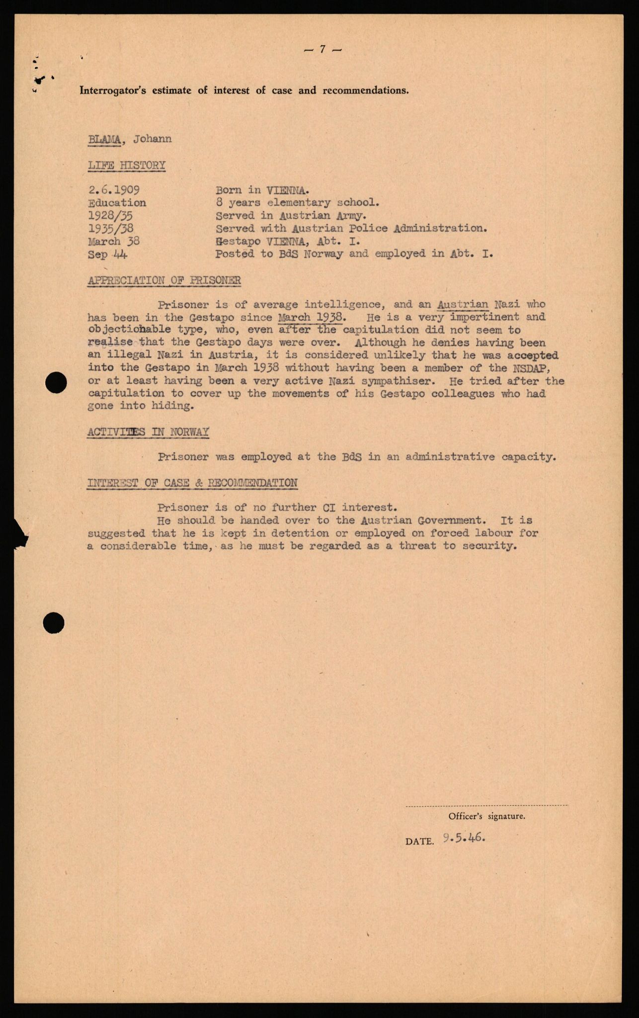 Forsvaret, Forsvarets overkommando II, AV/RA-RAFA-3915/D/Db/L0038: CI Questionaires. Tyske okkupasjonsstyrker i Norge. Østerrikere., 1945-1946, p. 100