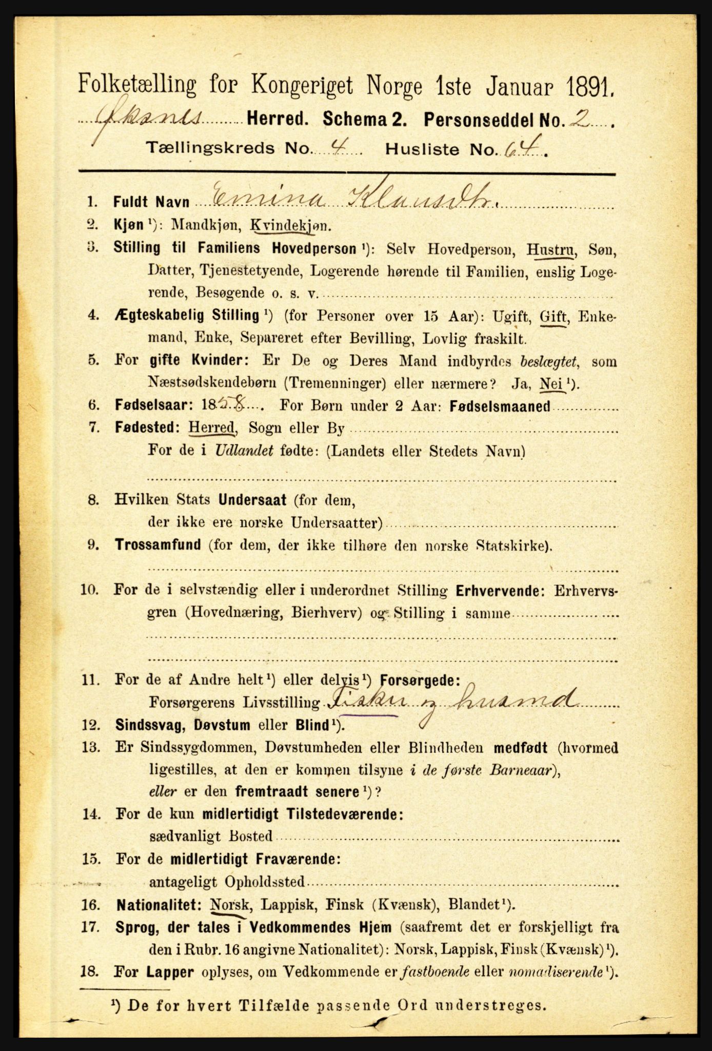 RA, 1891 census for 1868 Øksnes, 1891, p. 2158