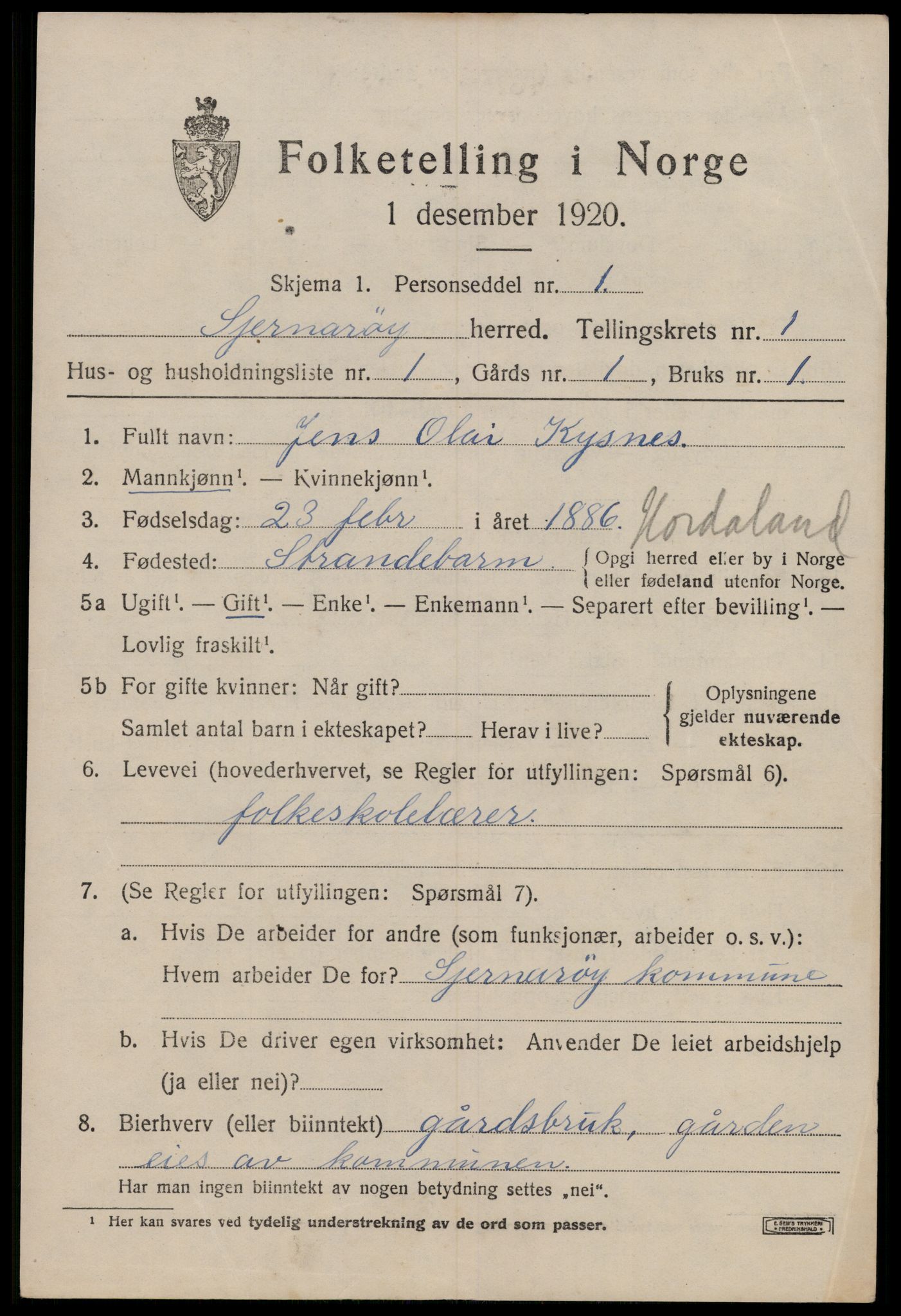 SAST, 1920 census for Sjernarøy, 1920, p. 404