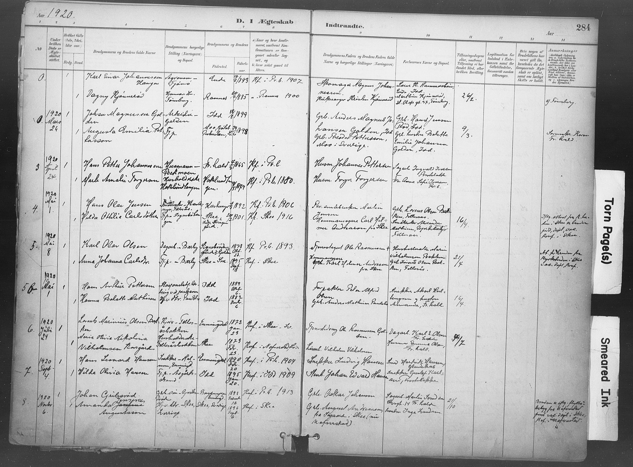 Idd prestekontor Kirkebøker, SAO/A-10911/F/Fb/L0002: Parish register (official) no. II 2, 1882-1923, p. 284
