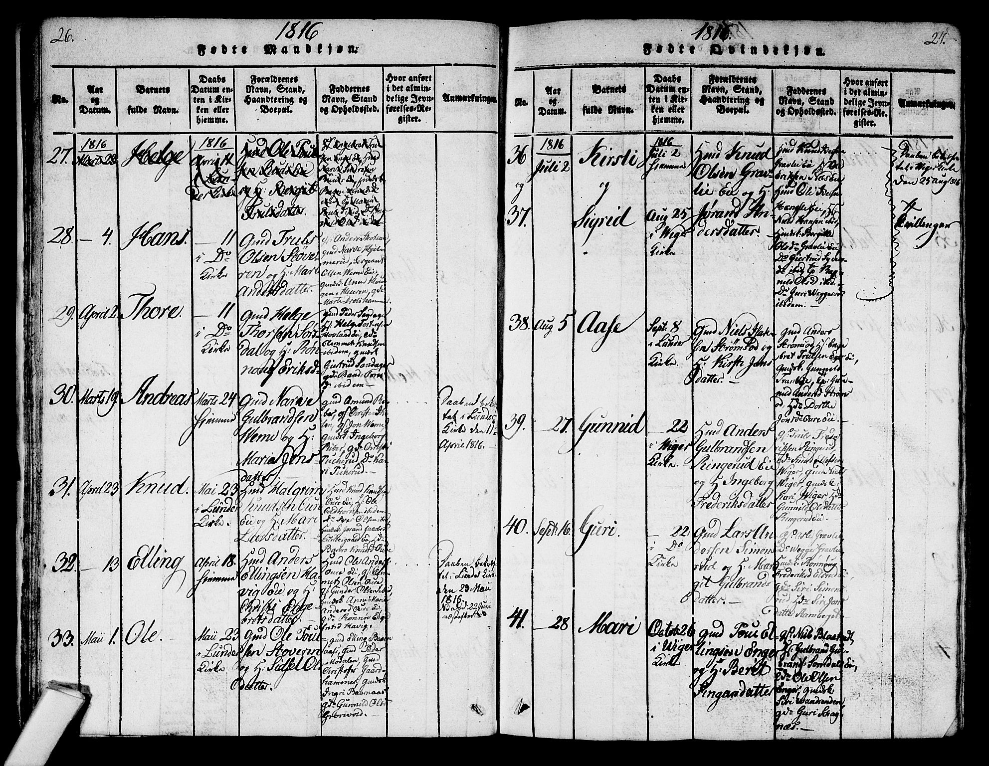 Norderhov kirkebøker, AV/SAKO-A-237/G/Ga/L0003: Parish register (copy) no. I 3 /2, 1814-1876, p. 26-27