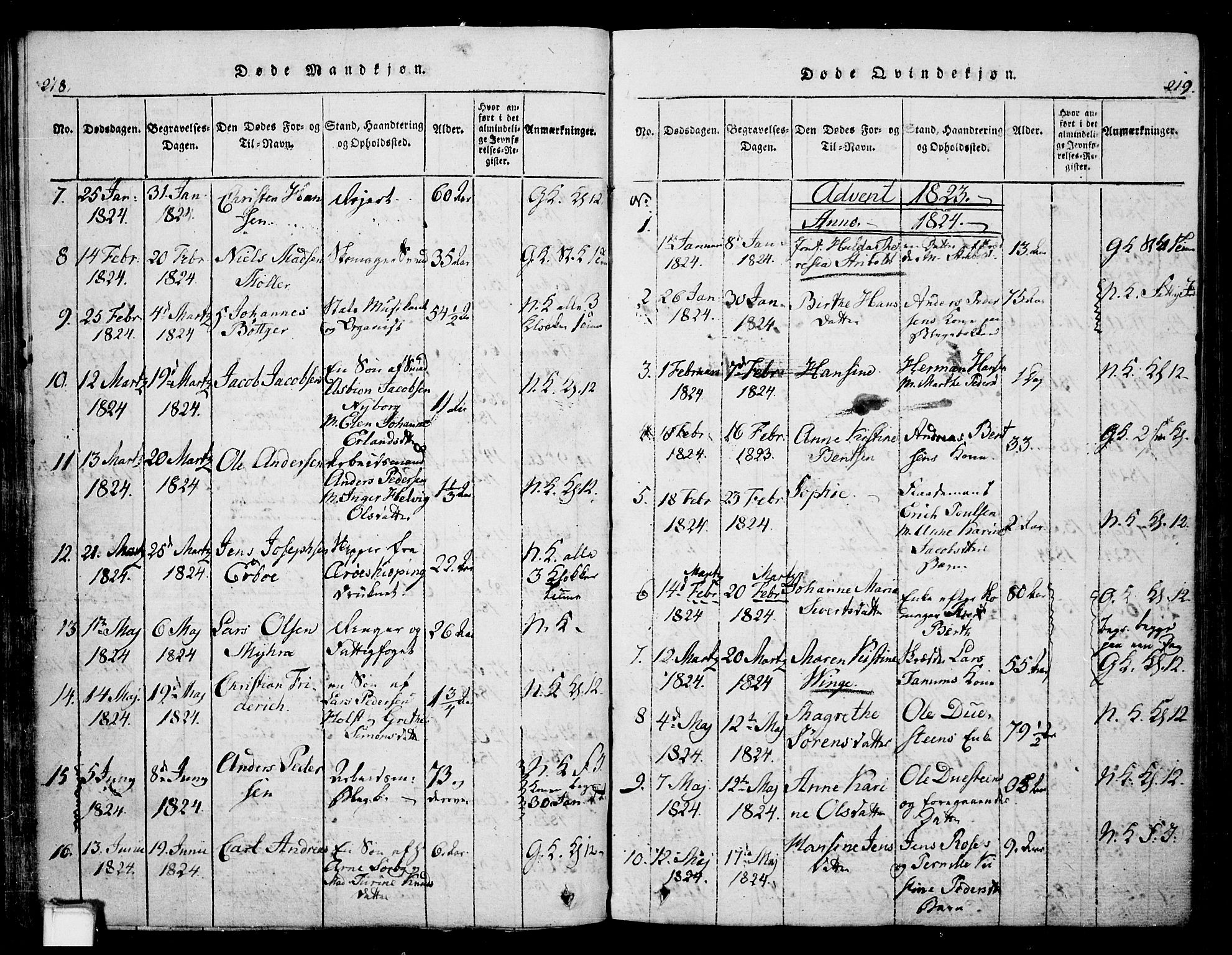 Skien kirkebøker, SAKO/A-302/G/Ga/L0002: Parish register (copy) no. 2, 1814-1842, p. 218-219