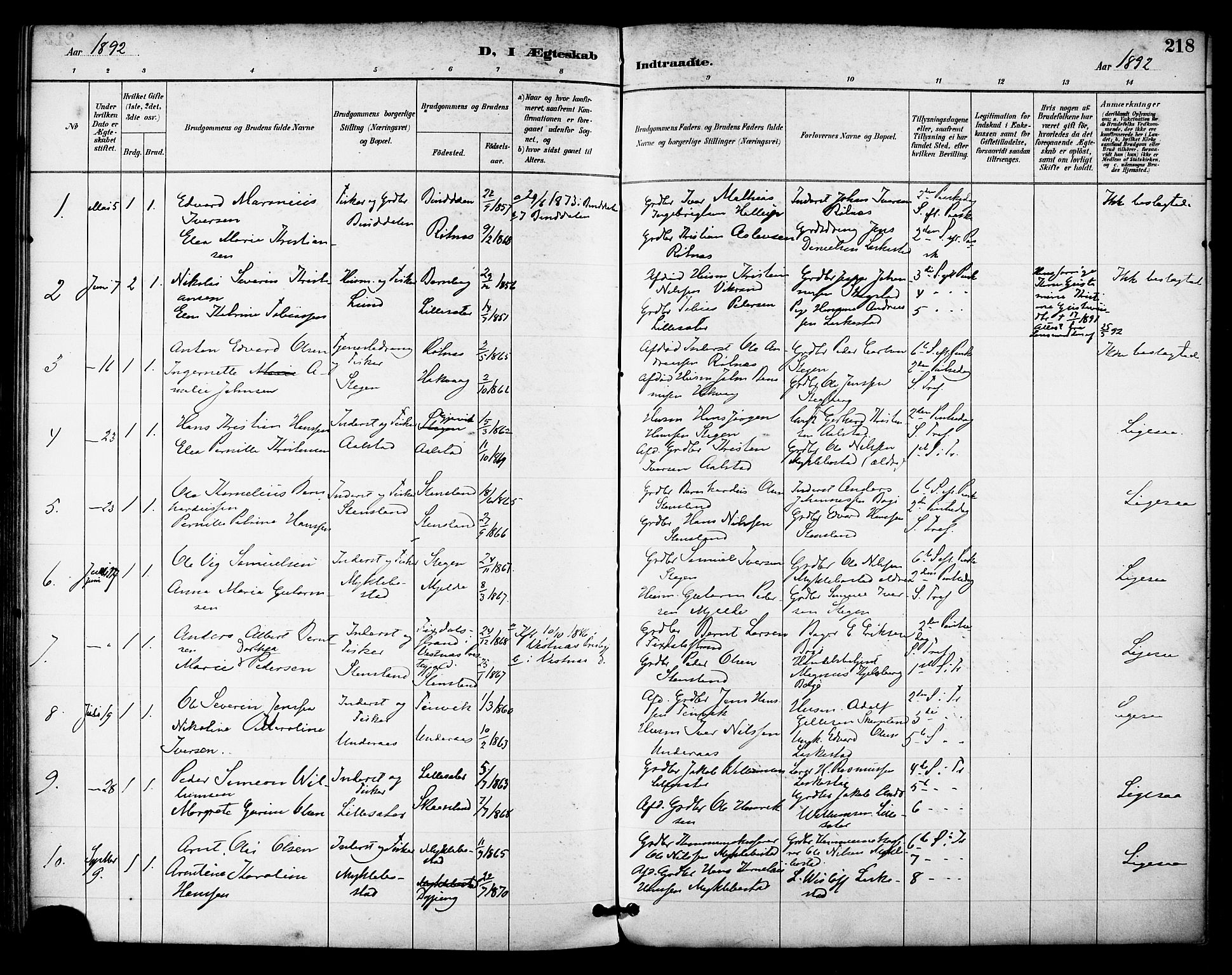 Ministerialprotokoller, klokkerbøker og fødselsregistre - Nordland, AV/SAT-A-1459/855/L0803: Parish register (official) no. 855A11, 1887-1905, p. 218