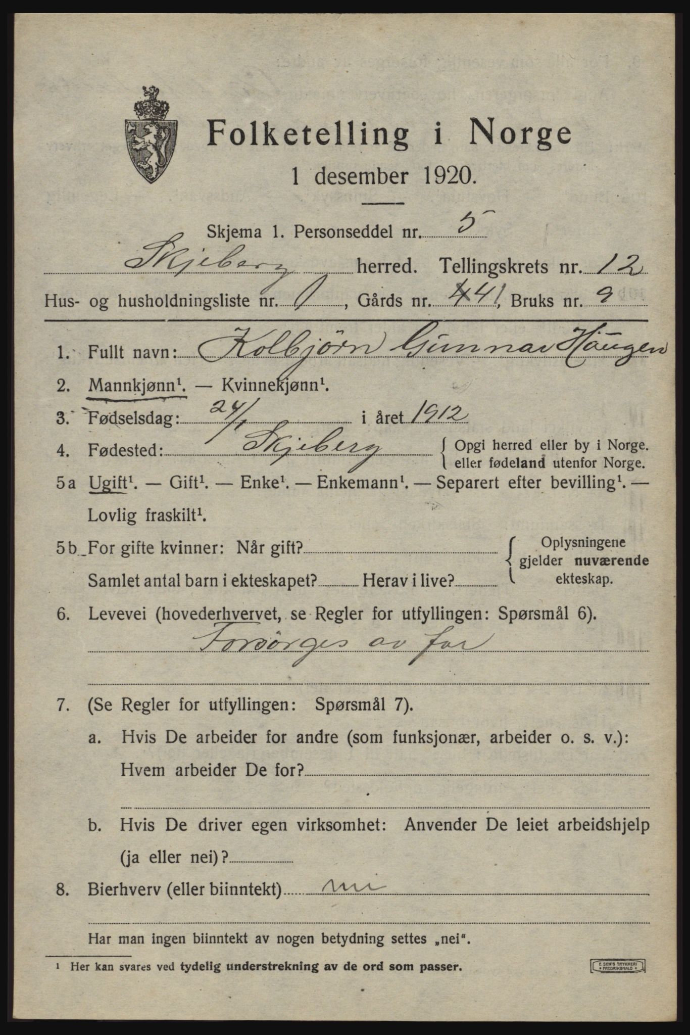 SAO, 1920 census for Skjeberg, 1920, p. 10201