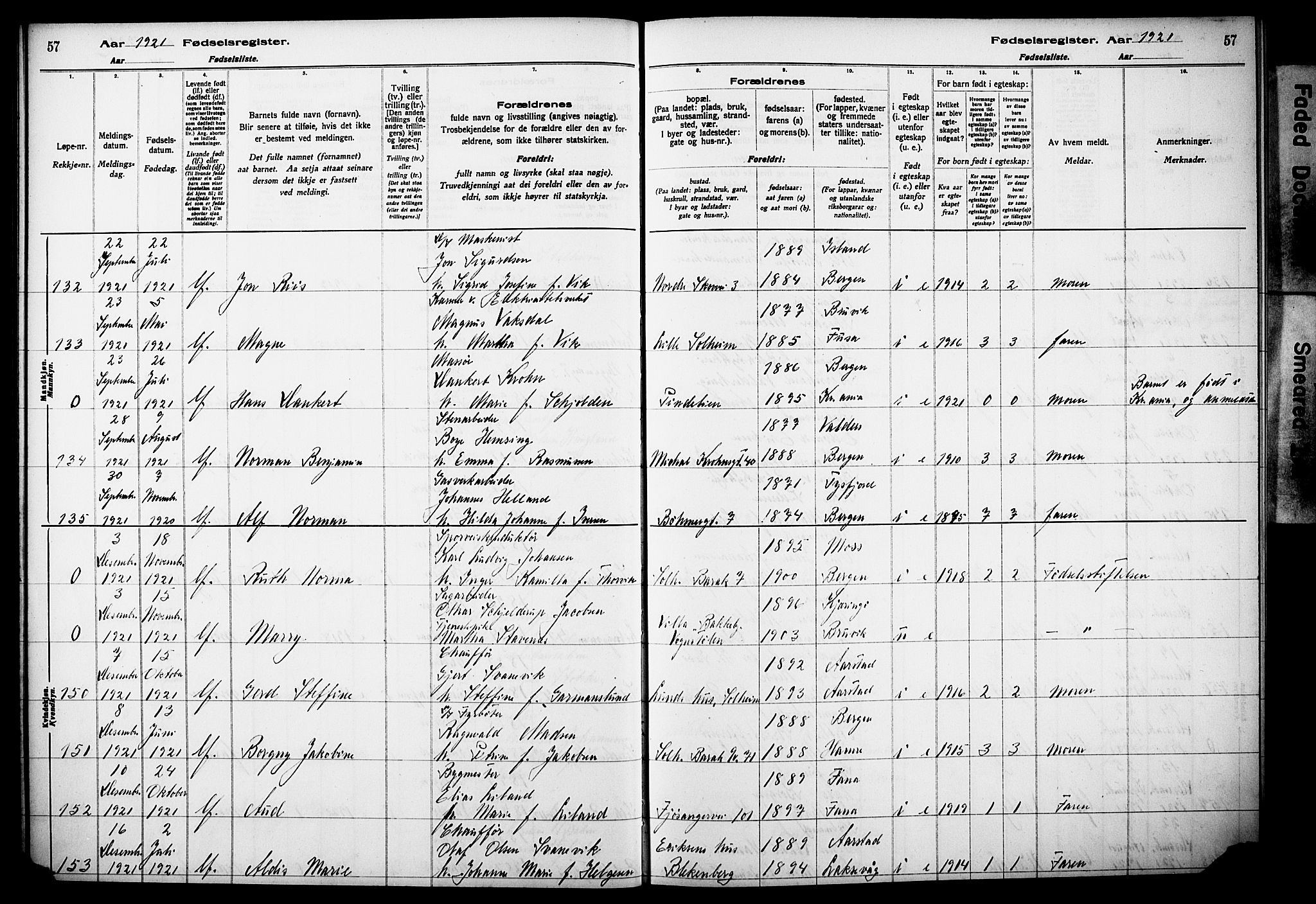 Årstad Sokneprestembete, AV/SAB-A-79301/I/Id/L0A02: Birth register no. A 2, 1920-1924, p. 57