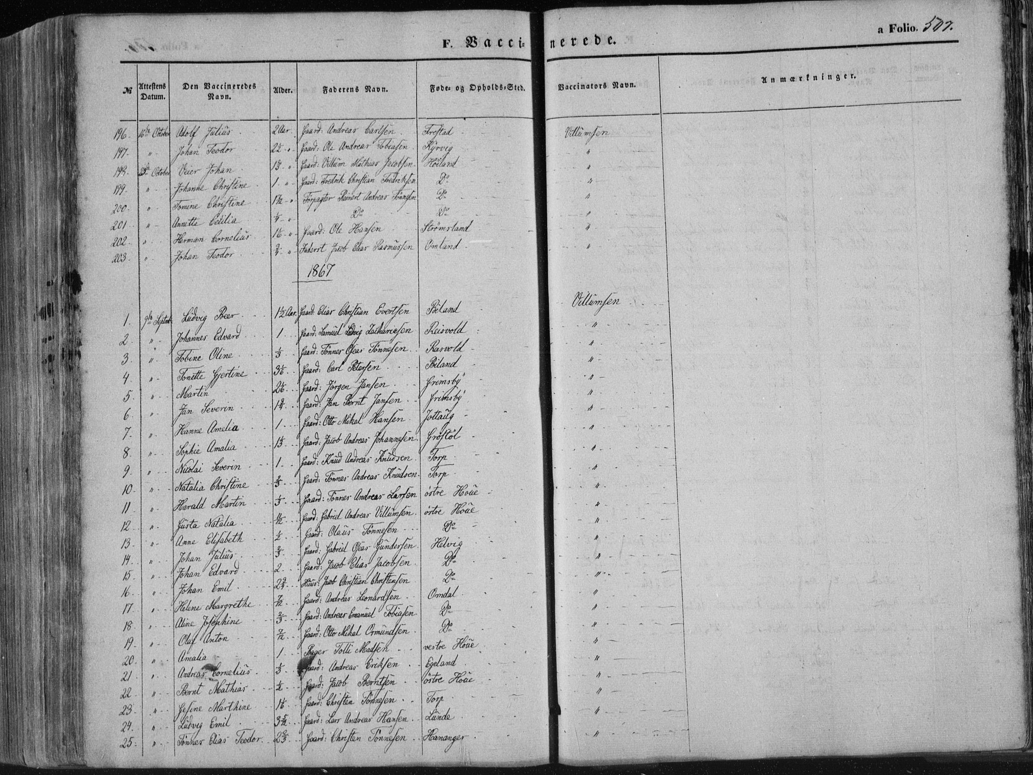 Lista sokneprestkontor, SAK/1111-0027/F/Fa/L0011: Parish register (official) no. A 11, 1861-1878, p. 507