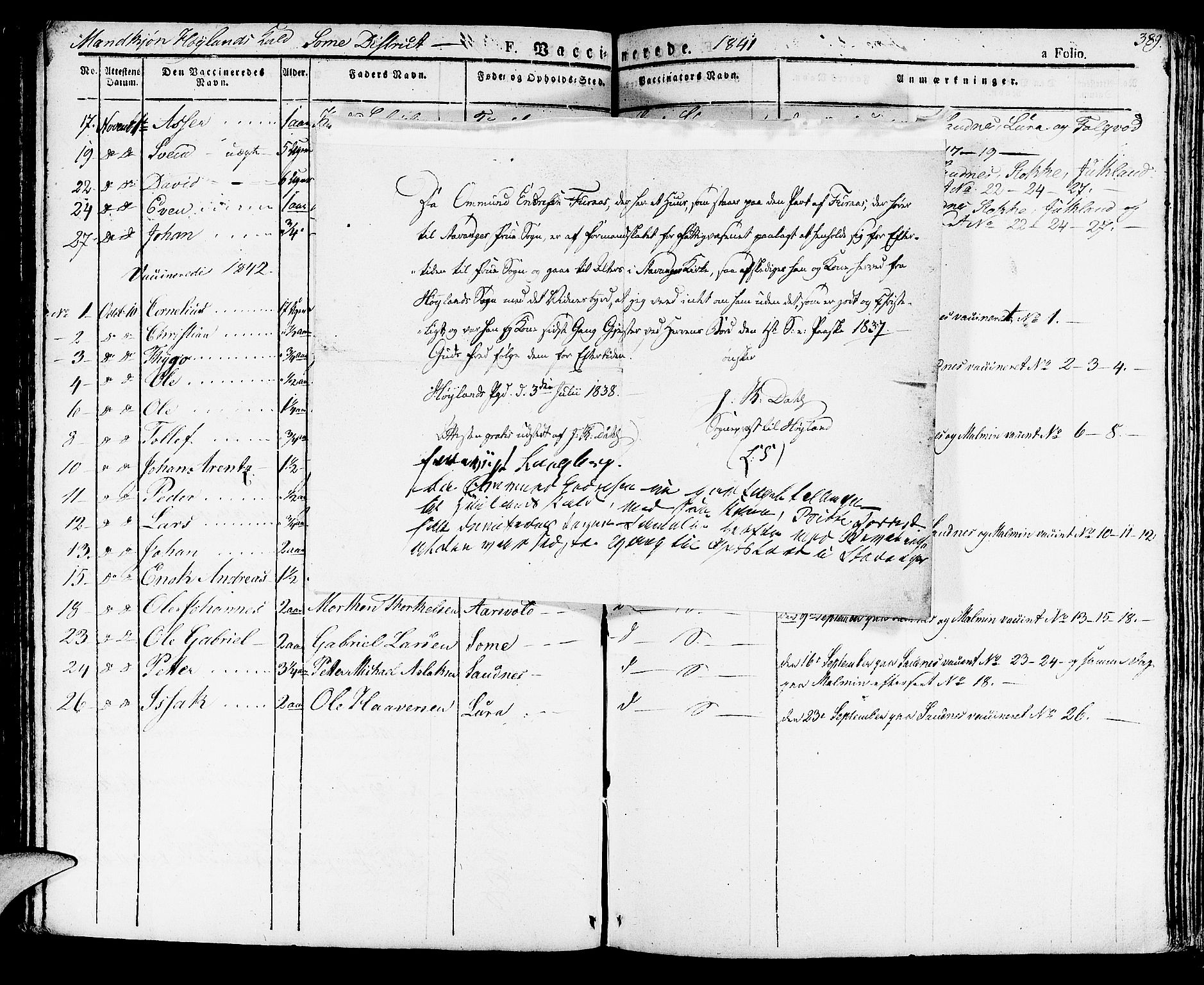 Høyland sokneprestkontor, SAST/A-101799/001/30BA/L0007: Parish register (official) no. A 7 /2, 1825-1841, p. 389