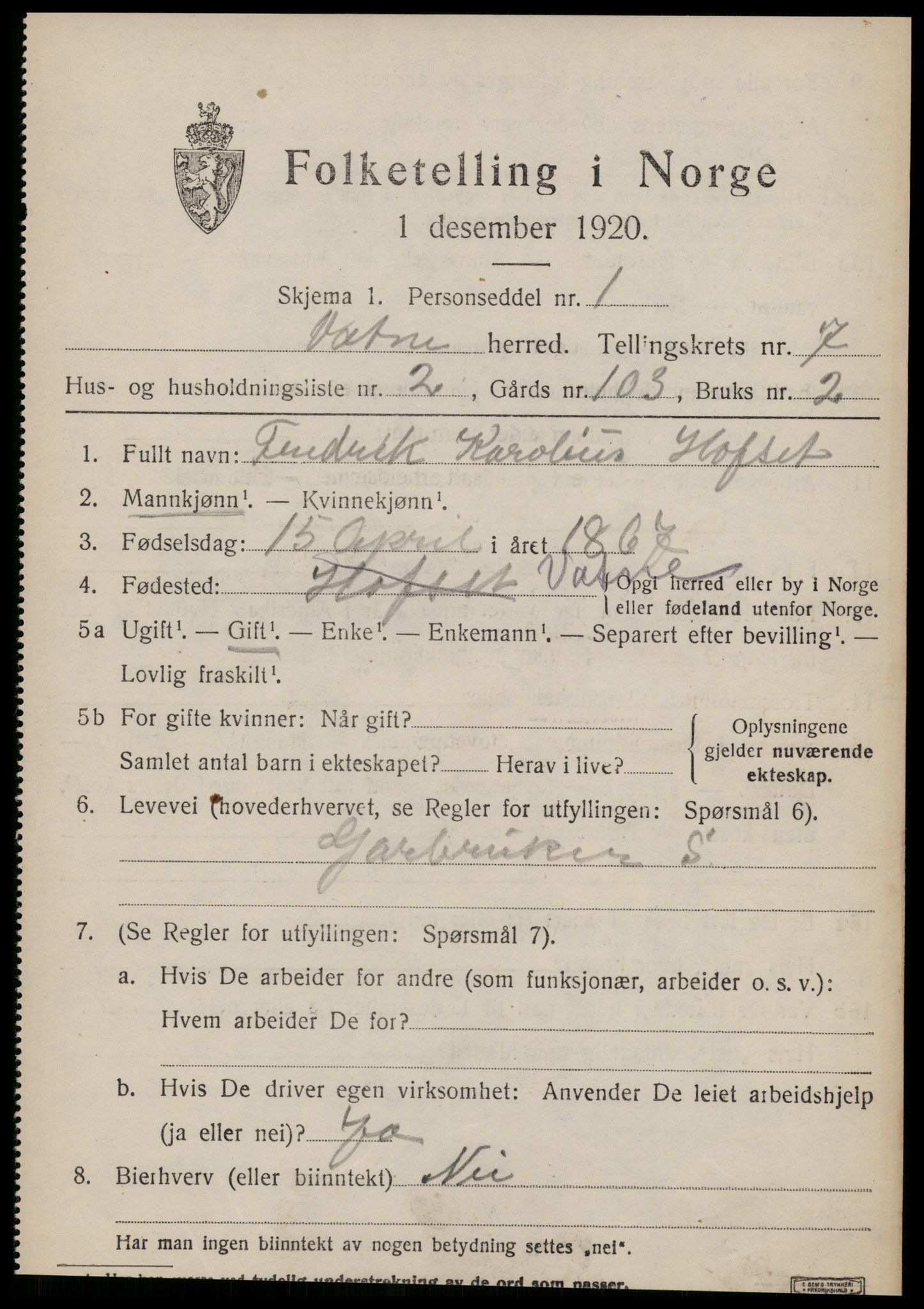 SAT, 1920 census for Vatne, 1920, p. 3136