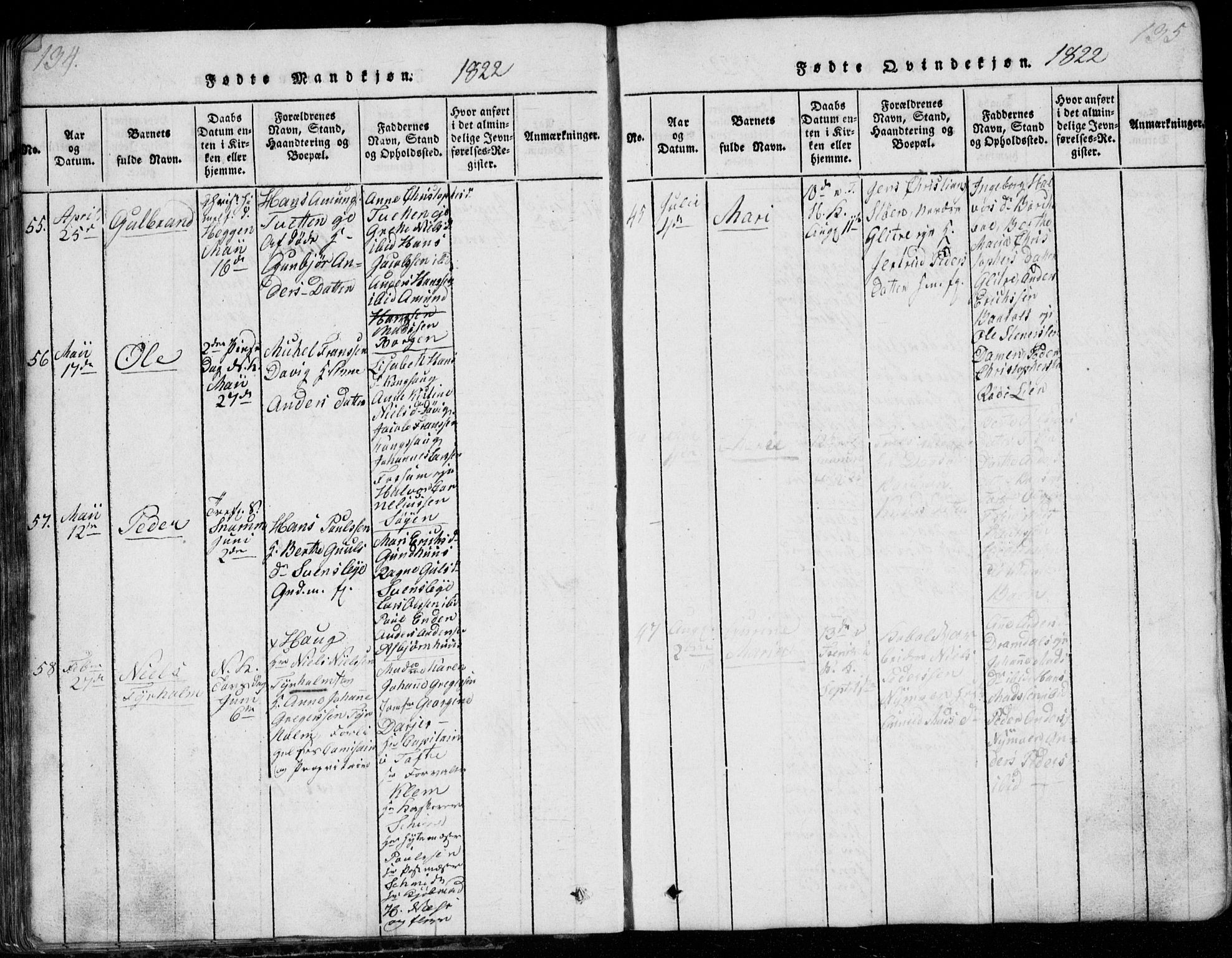 Modum kirkebøker, AV/SAKO-A-234/G/Ga/L0001: Parish register (copy) no. I 1, 1818-1824, p. 134-135