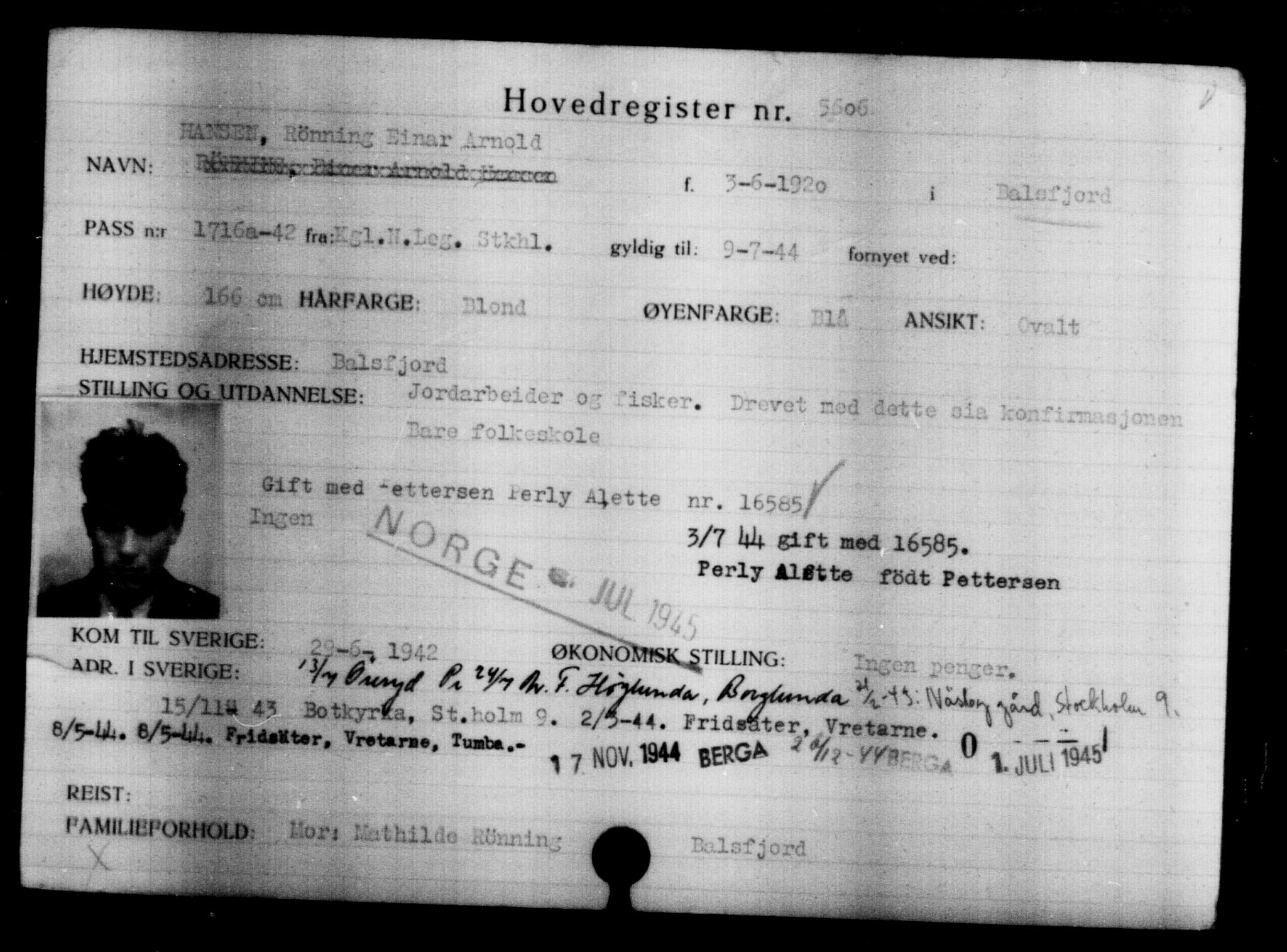 Utenriksstasjonene, Legasjonen i Stockholm, Flyktningkontoret, AV/RA-S-6753/V/Va/L0004: Kjesäterkartoteket, flyktninger med registreringsnr. 3496-6610, 1940-1945, p. 2446