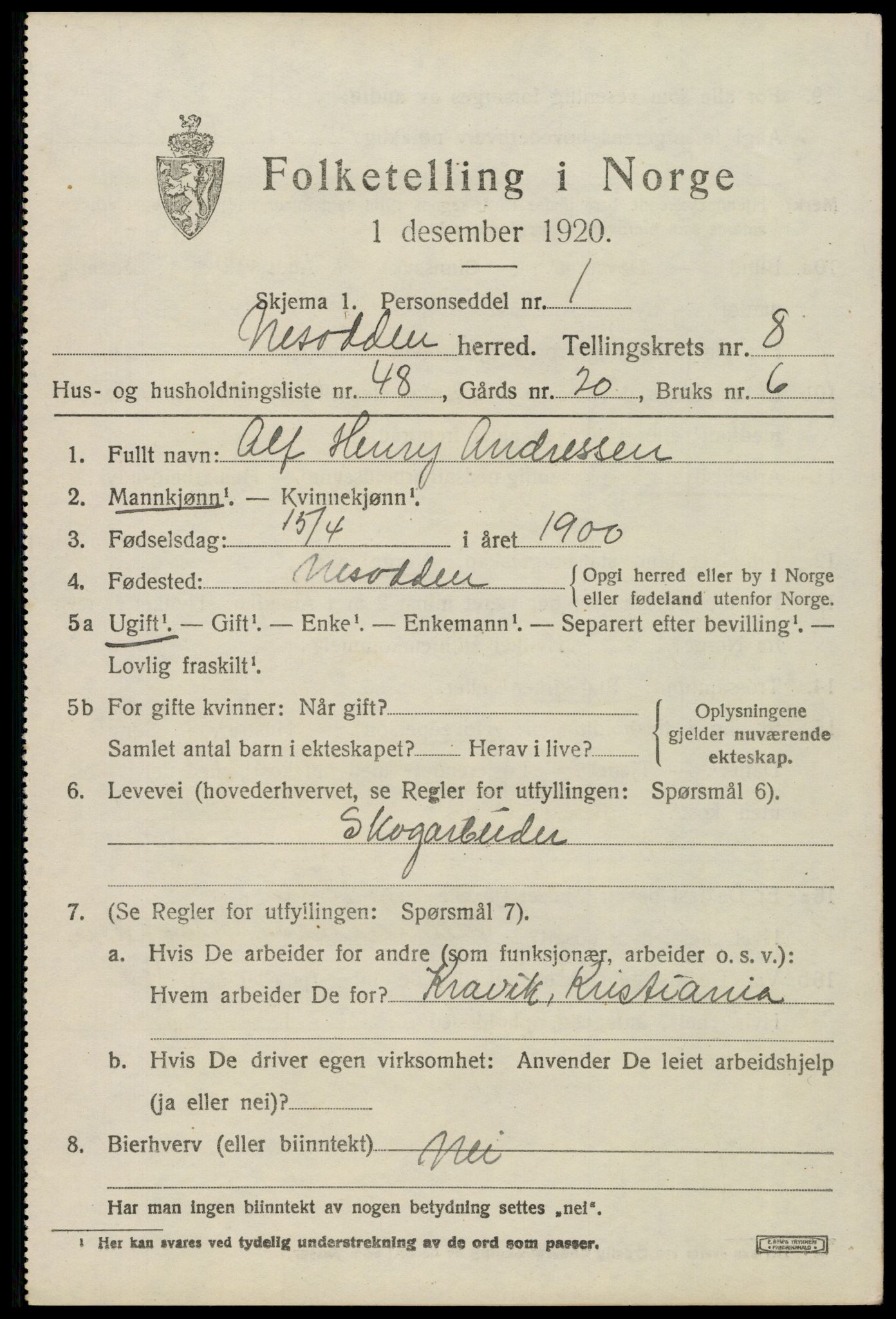 SAO, 1920 census for Nesodden, 1920, p. 6693