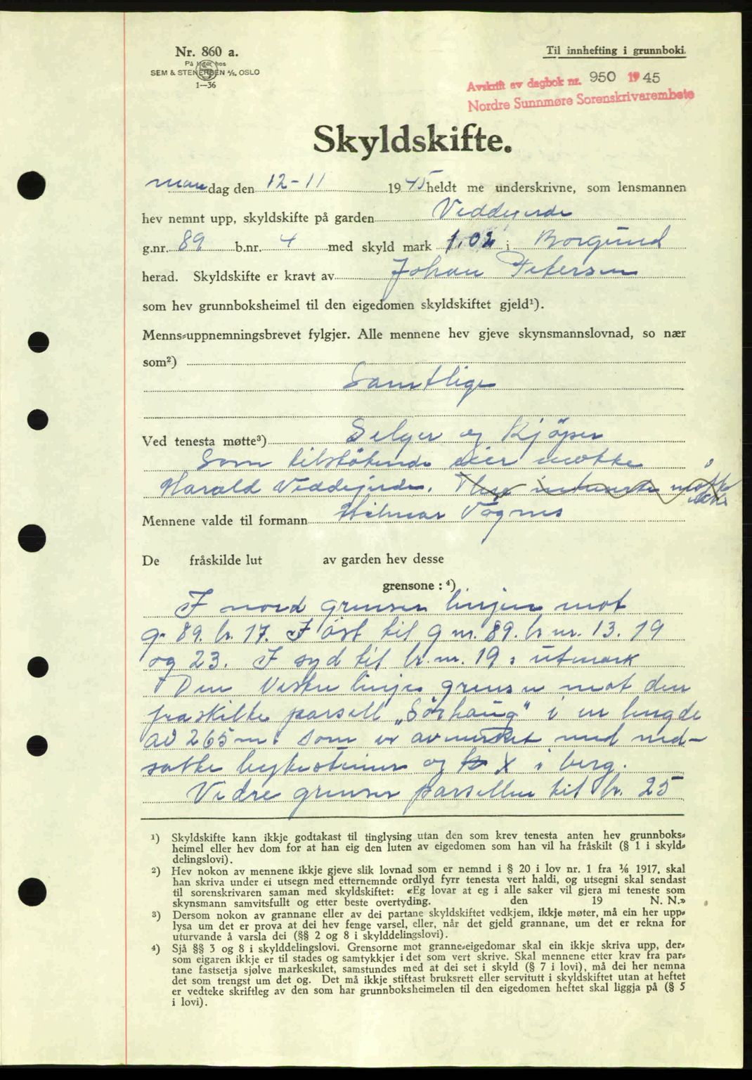 Nordre Sunnmøre sorenskriveri, AV/SAT-A-0006/1/2/2C/2Ca: Mortgage book no. A20a, 1945-1945, Diary no: : 950/1945