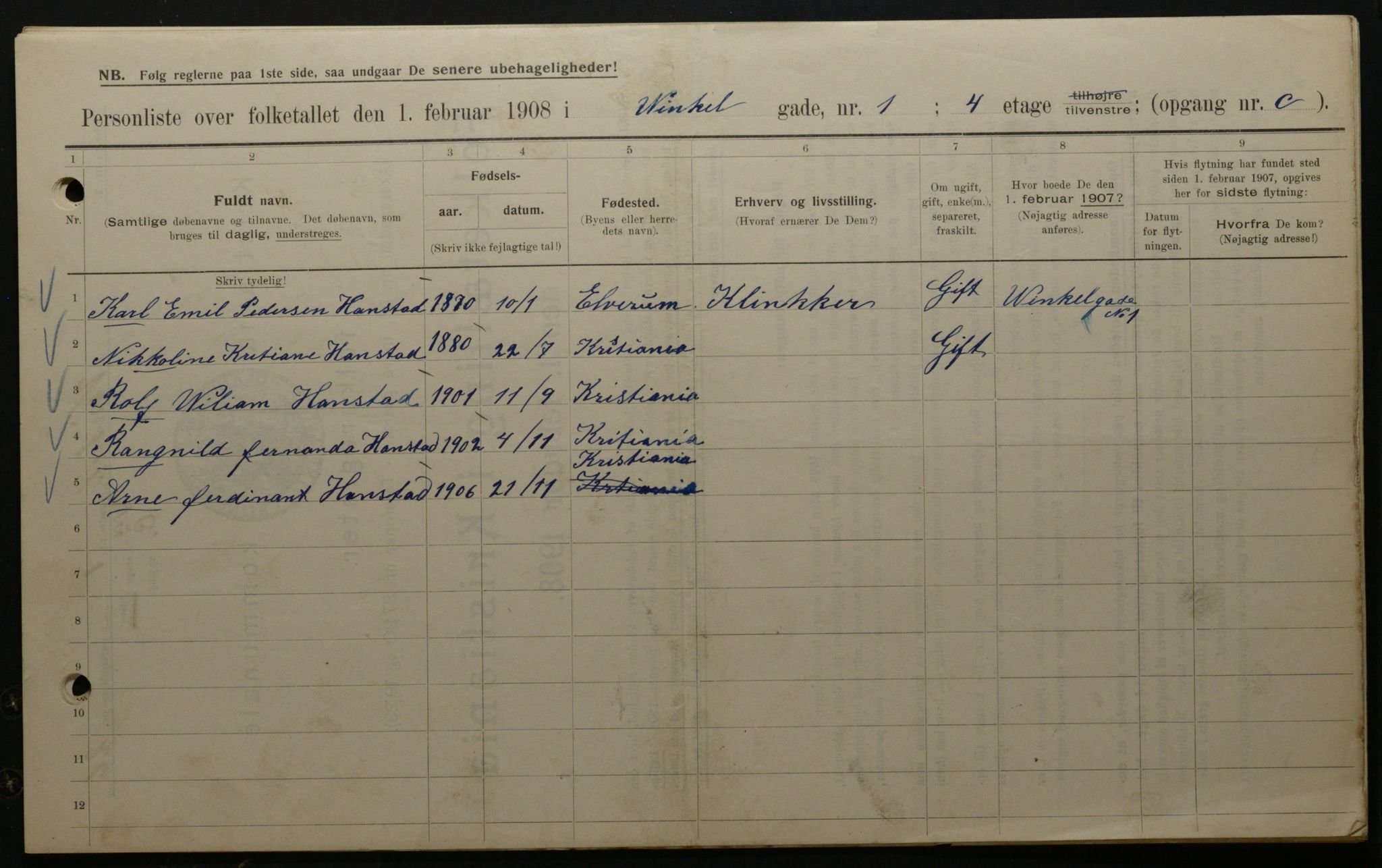 OBA, Municipal Census 1908 for Kristiania, 1908, p. 111073