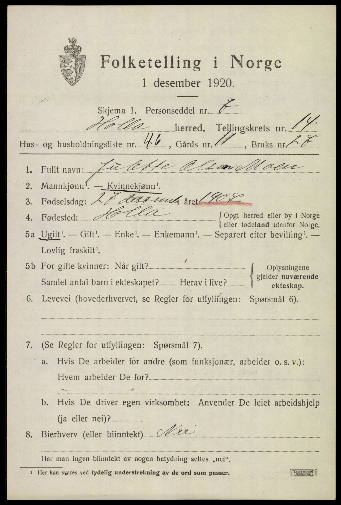 SAKO, 1920 census for Holla, 1920, p. 8453
