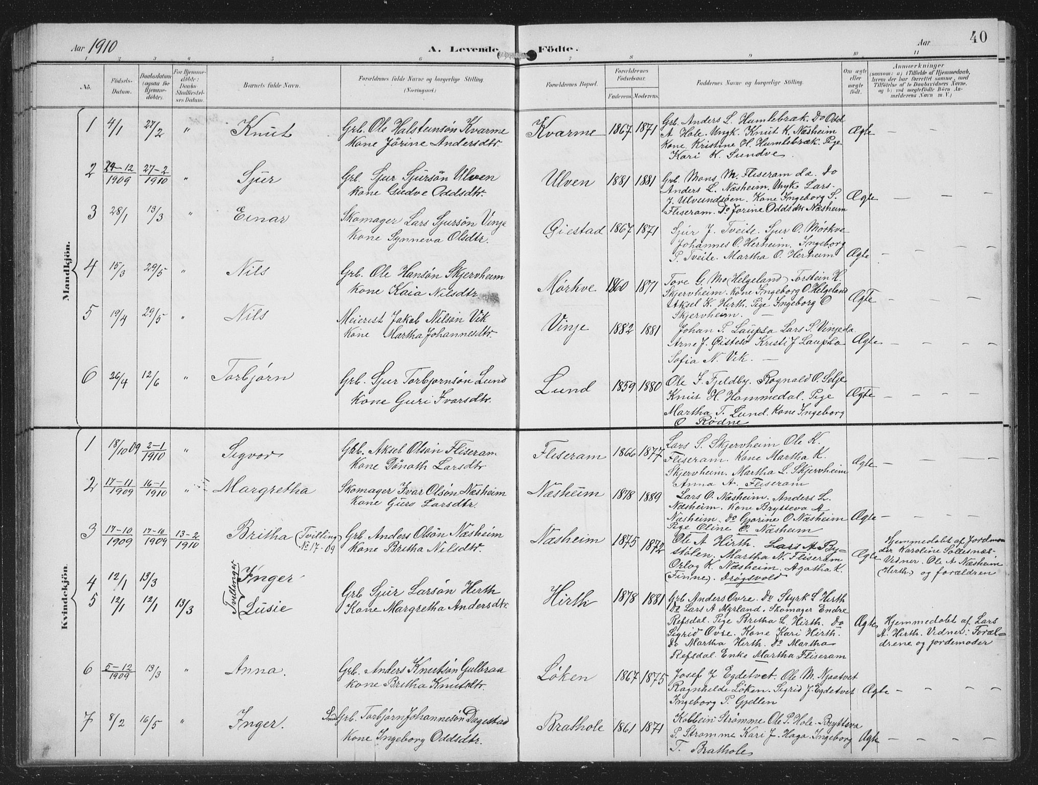 Vossestrand Sokneprestembete, SAB/A-79101/H/Hab: Parish register (copy) no. B 4, 1894-1941, p. 40