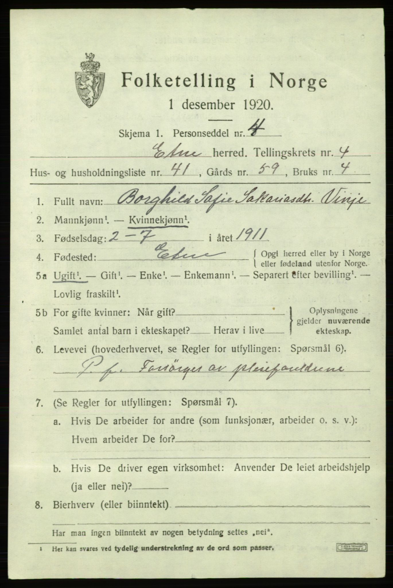 SAB, 1920 census for Etne, 1920, p. 2377