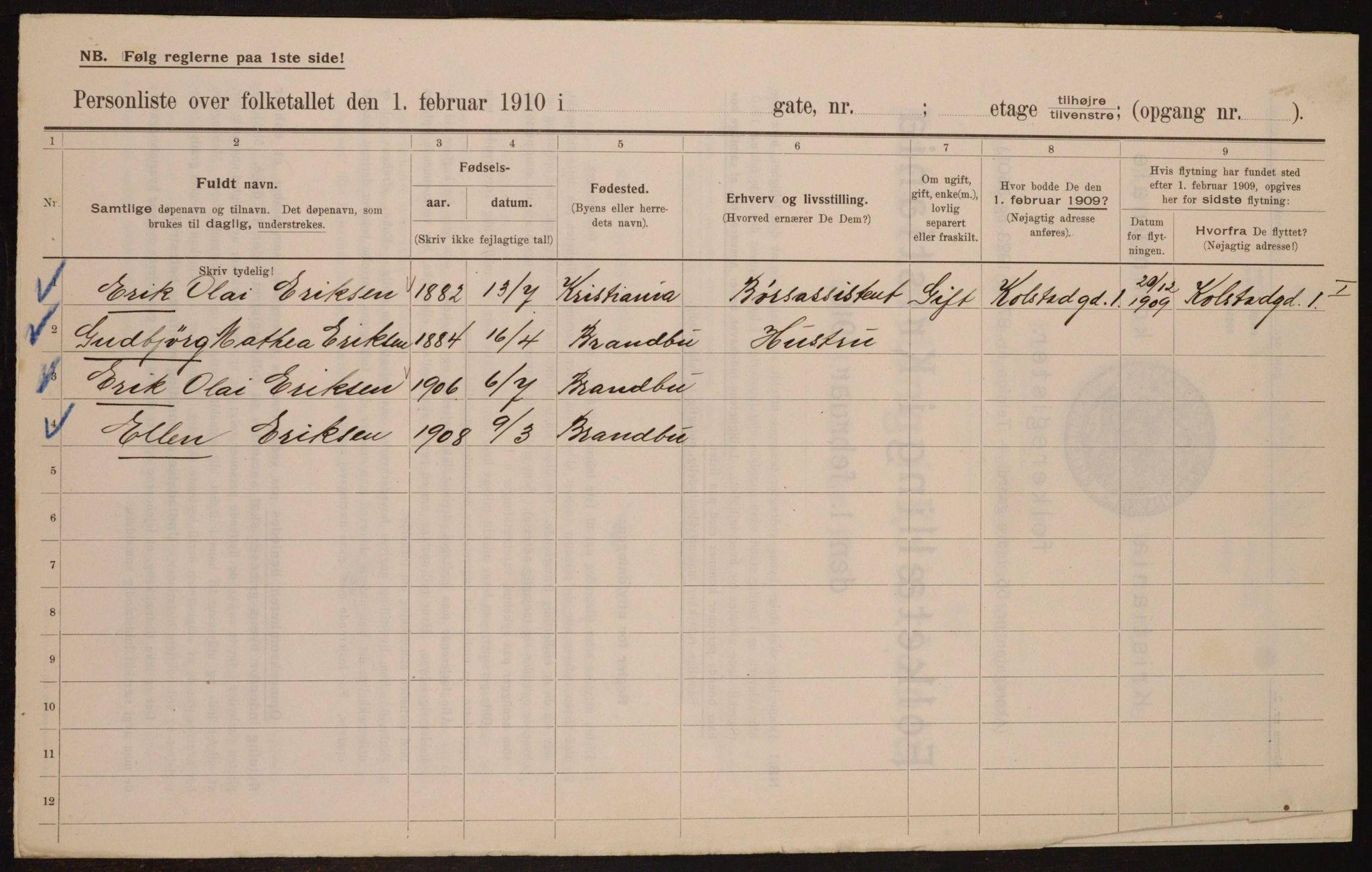 OBA, Municipal Census 1910 for Kristiania, 1910, p. 94825