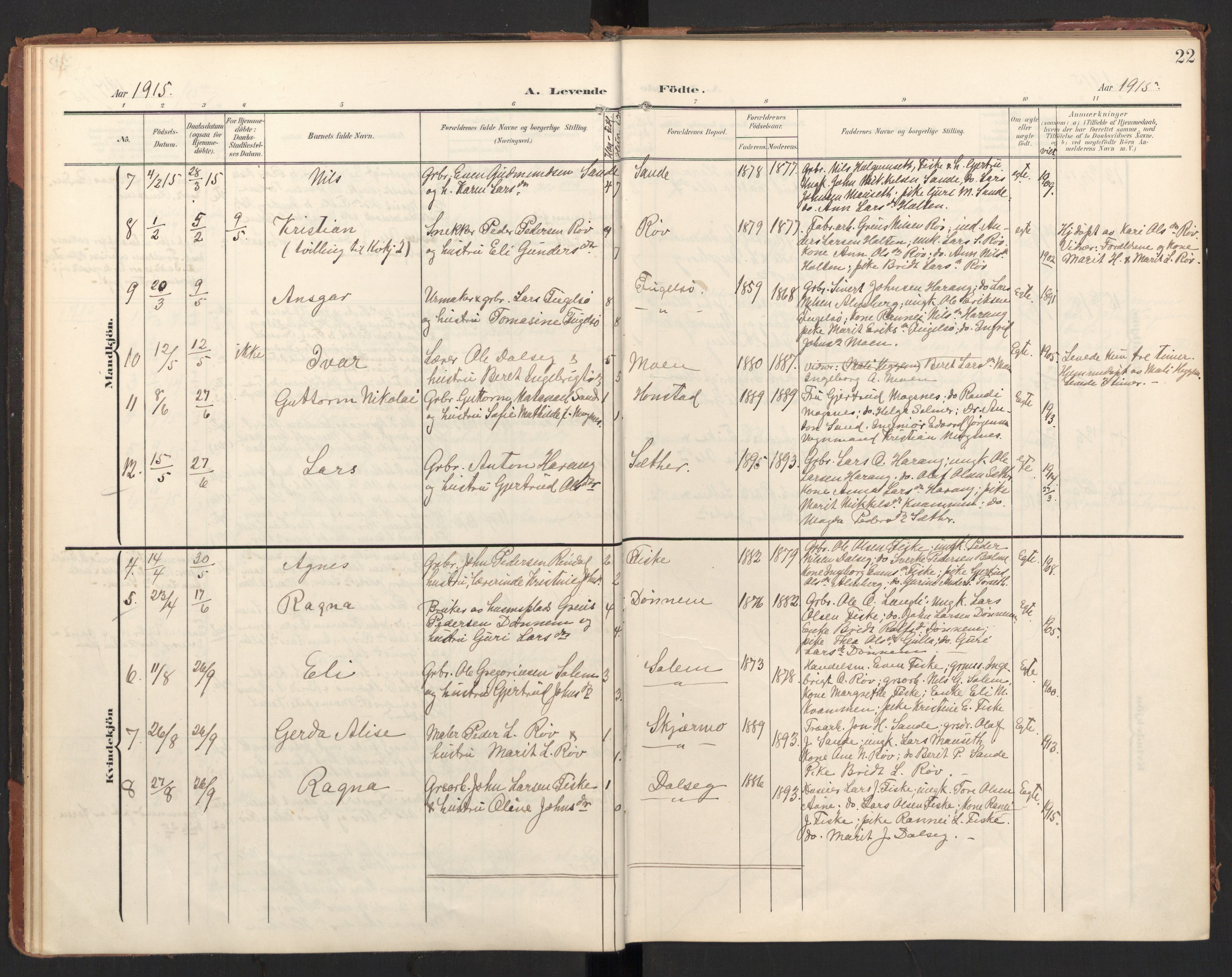 Ministerialprotokoller, klokkerbøker og fødselsregistre - Møre og Romsdal, AV/SAT-A-1454/597/L1063: Parish register (official) no. 597A02, 1905-1923, p. 22