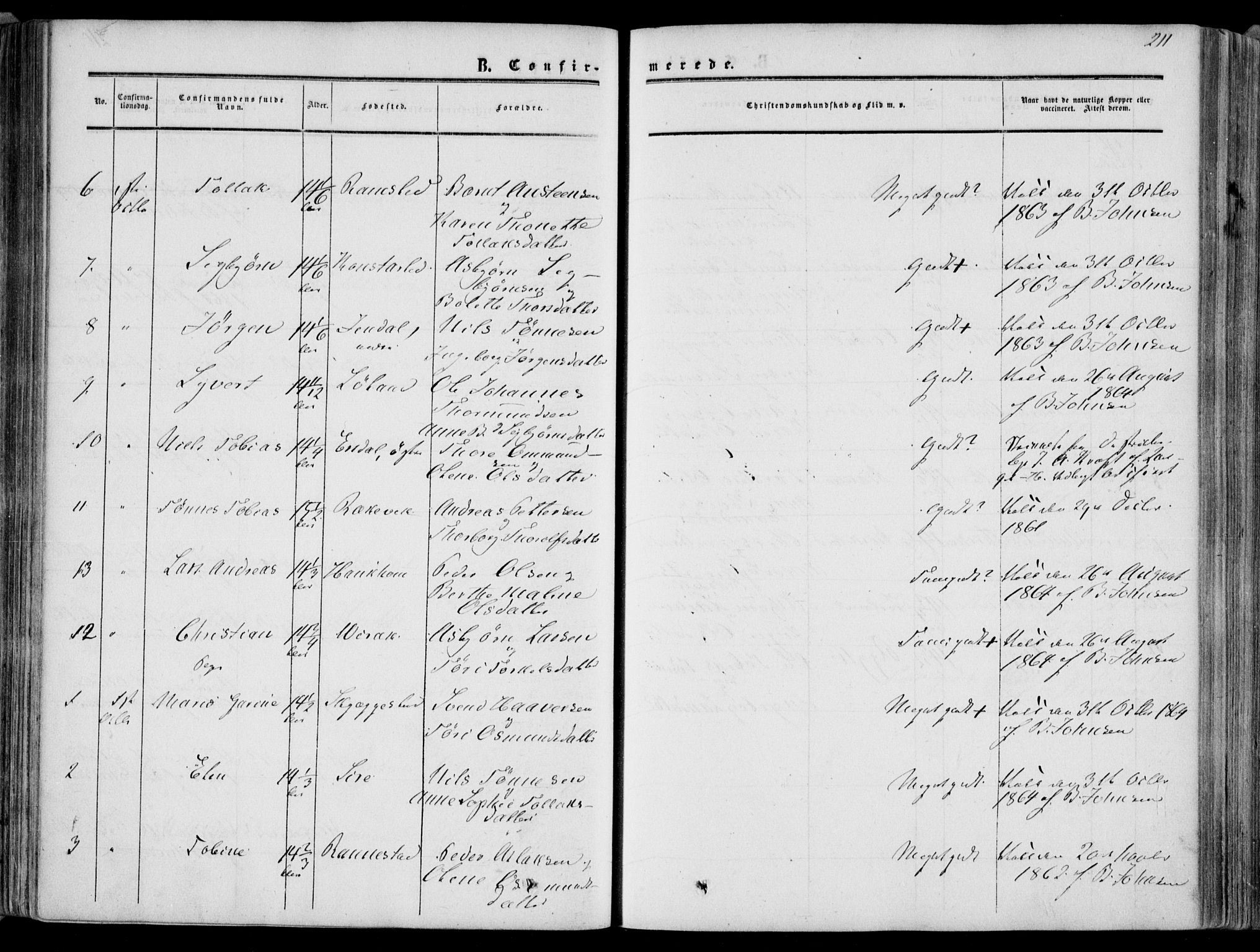 Bakke sokneprestkontor, AV/SAK-1111-0002/F/Fa/Faa/L0006: Parish register (official) no. A 6, 1855-1877, p. 211