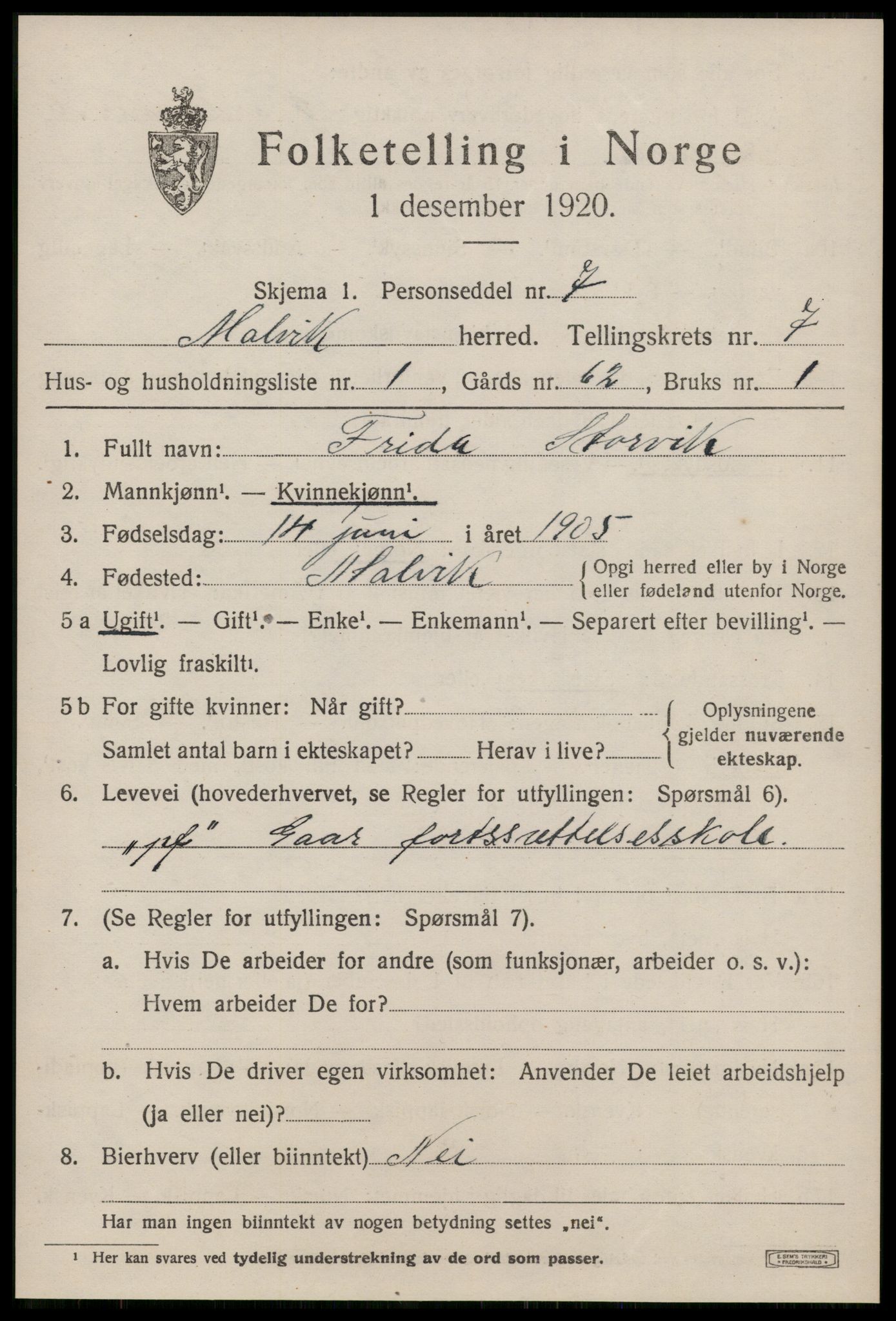 SAT, 1920 census for Malvik, 1920, p. 7228