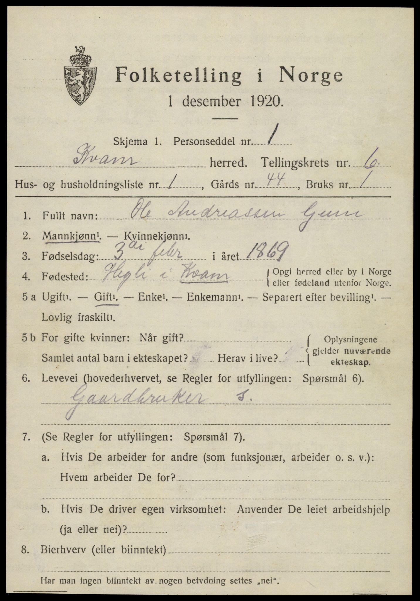 SAT, 1920 census for Kvam, 1920, p. 1583