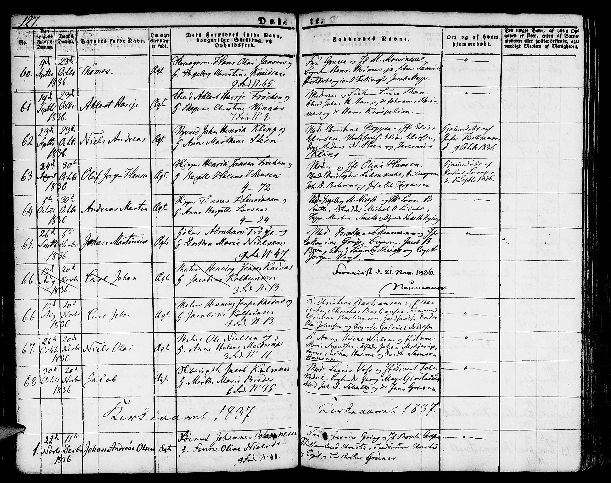 Nykirken Sokneprestembete, SAB/A-77101/H/Hab: Parish register (copy) no. A 5I, 1821-1841, p. 127