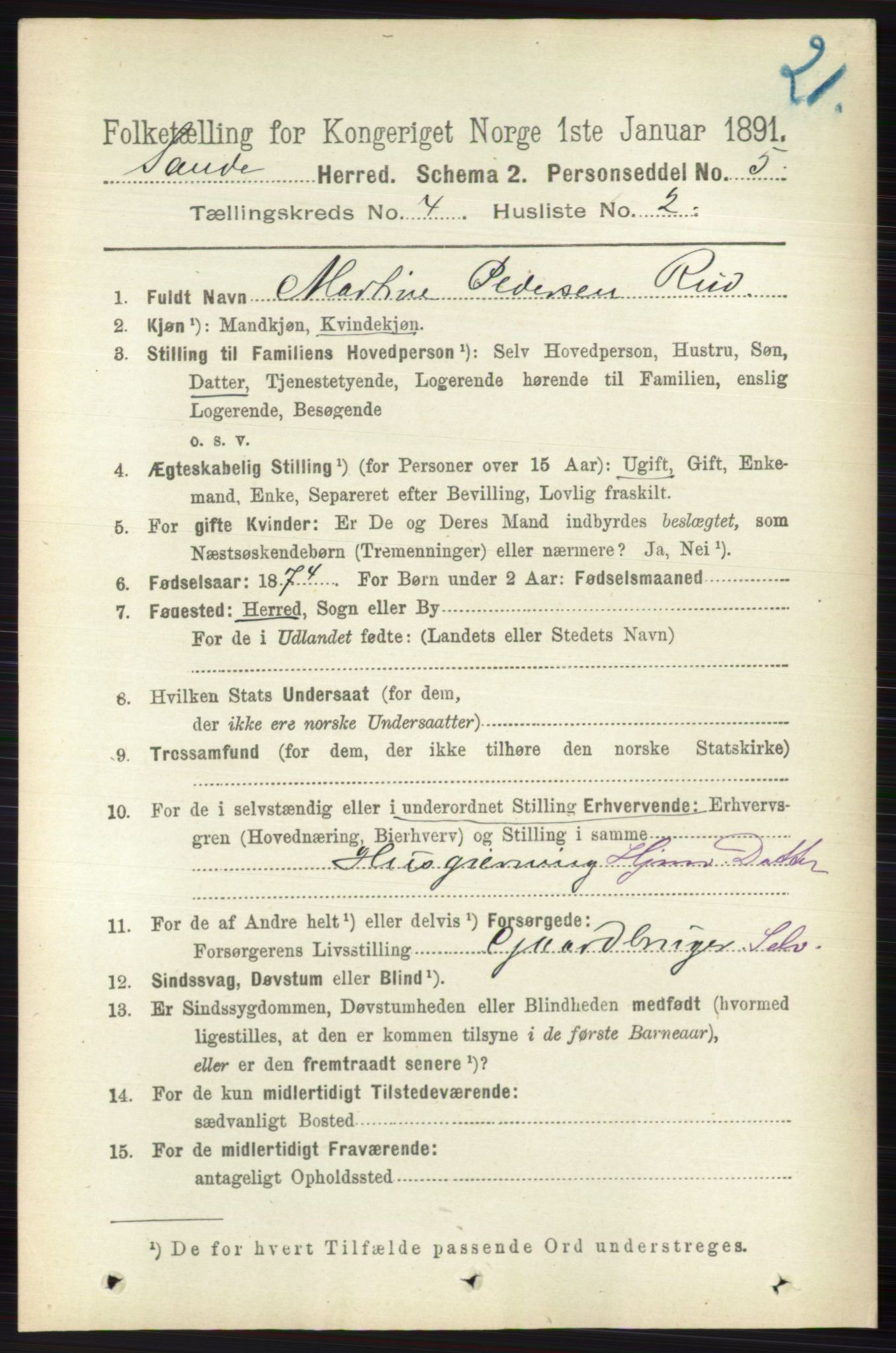 RA, 1891 census for 0713 Sande, 1891, p. 1492