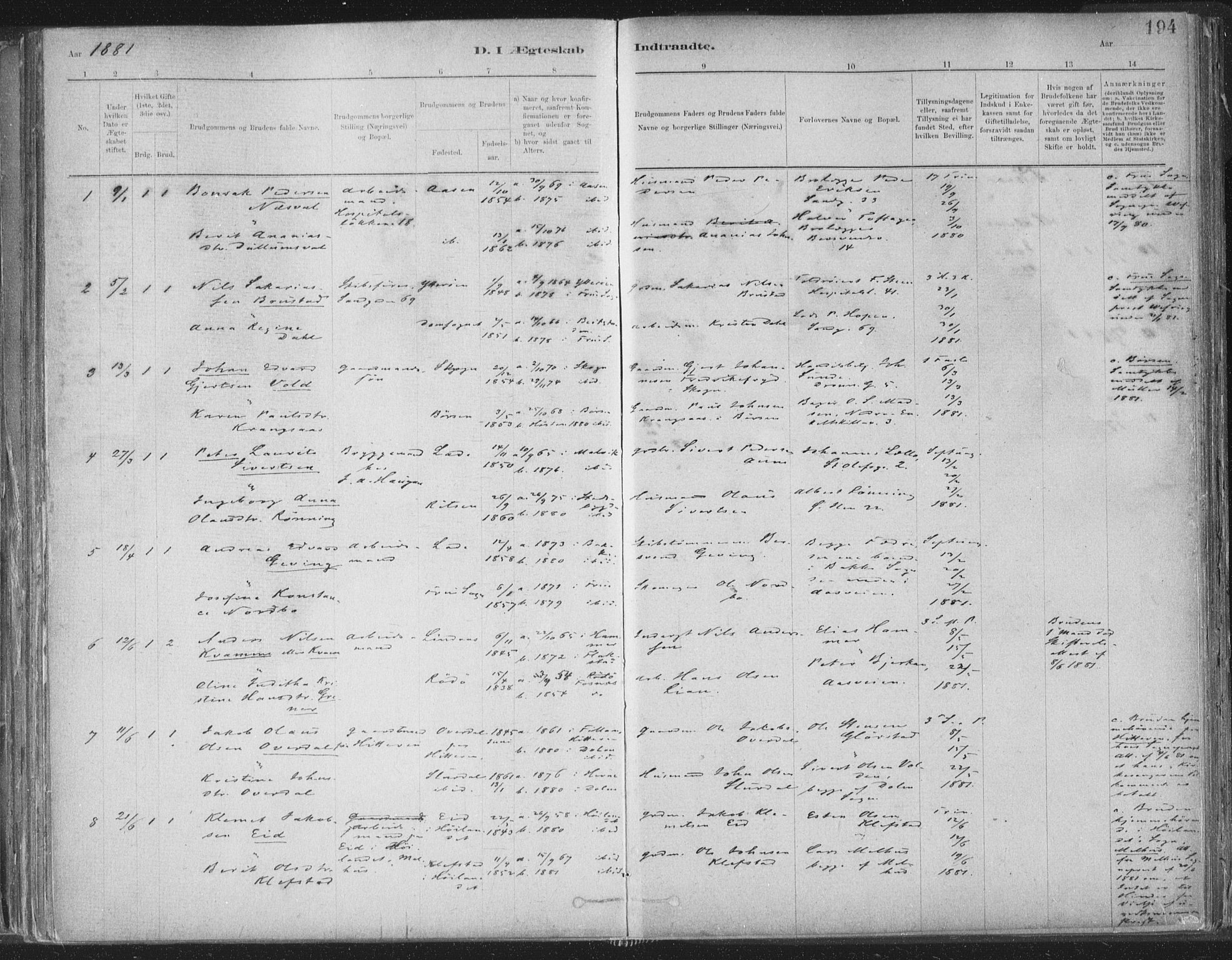 Ministerialprotokoller, klokkerbøker og fødselsregistre - Sør-Trøndelag, SAT/A-1456/603/L0162: Parish register (official) no. 603A01, 1879-1895, p. 194
