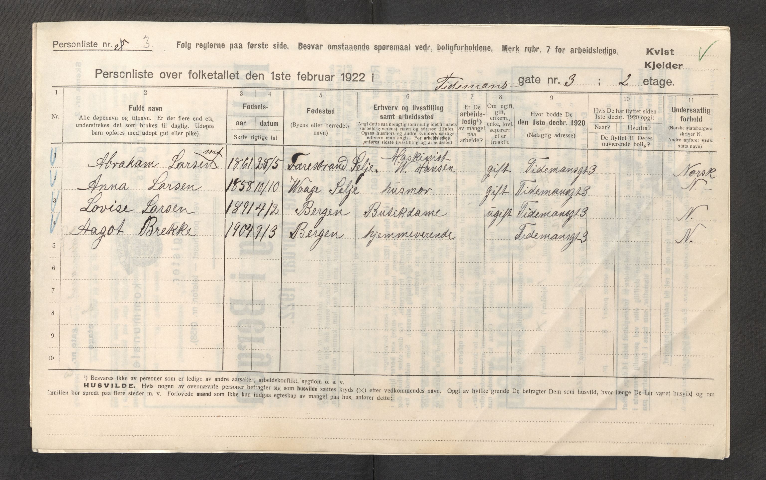 SAB, Municipal Census 1922 for Bergen, 1922, p. 43958