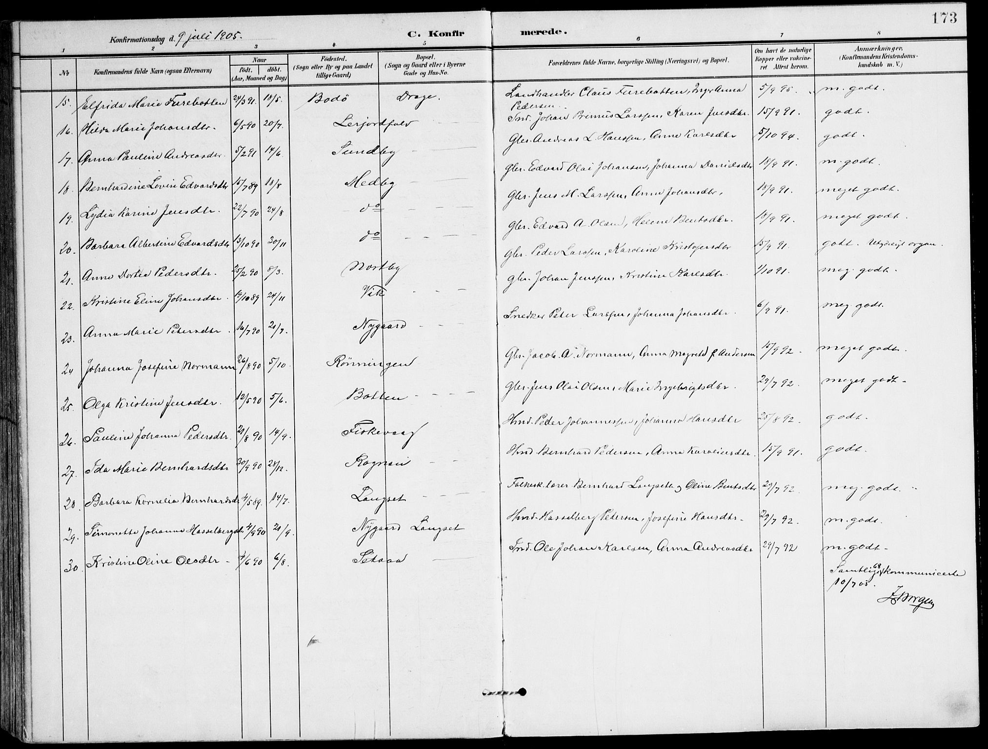 Ministerialprotokoller, klokkerbøker og fødselsregistre - Nordland, AV/SAT-A-1459/847/L0672: Parish register (official) no. 847A12, 1902-1919, p. 173